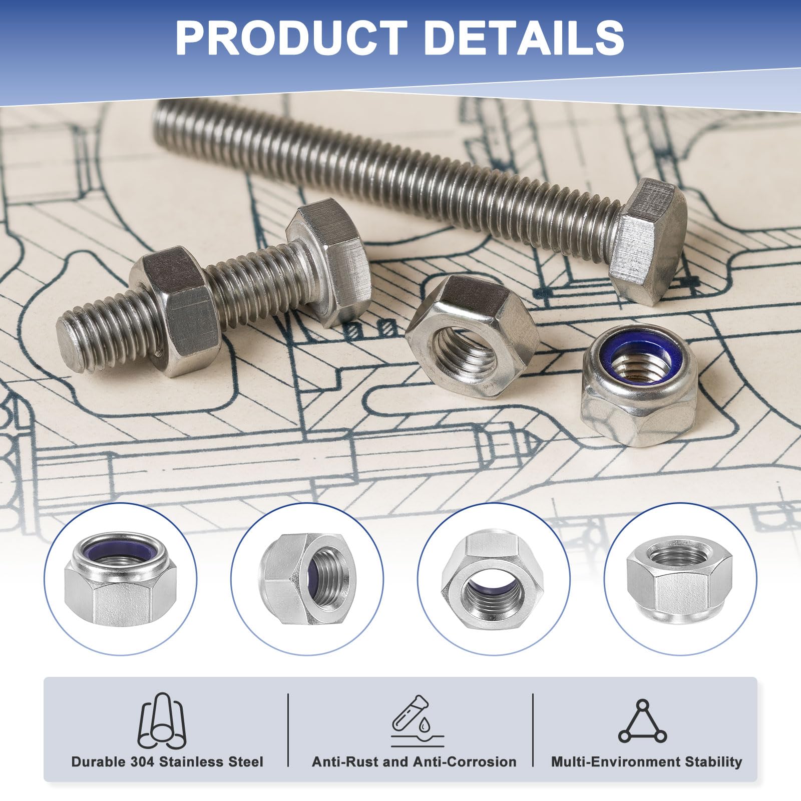 M METERXITY 8-Pack Nylon Insert Hex Lock Nuts - Image 2