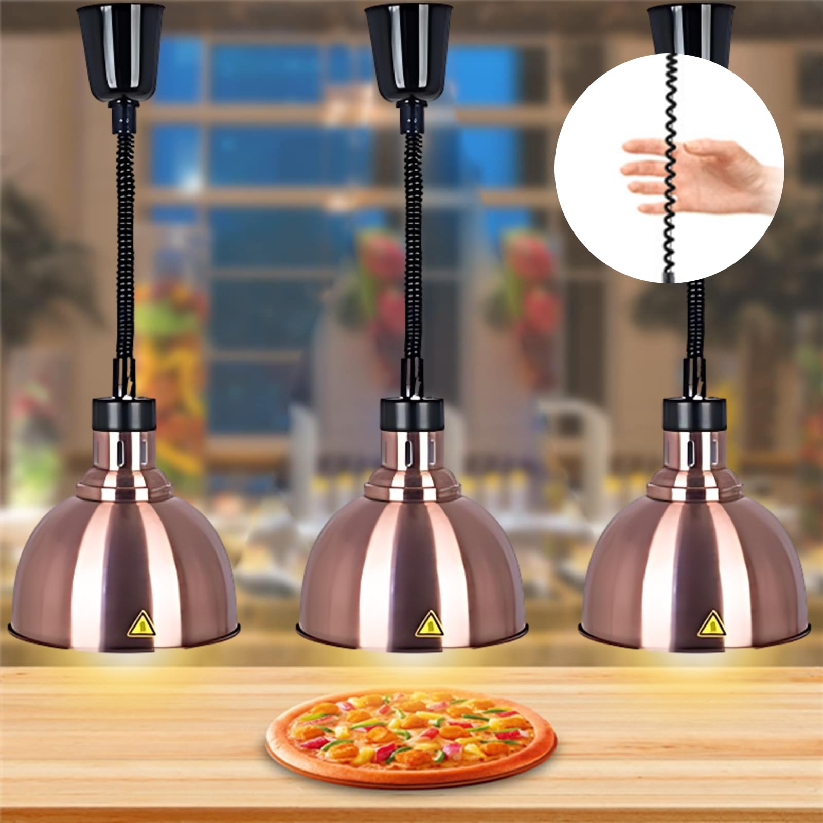 Lampada Riscaldante per Alimenti, Sospeso Lampade Scaldavivande Cucina Regolabile, 250W Lampade Riscaldanti per Cucina, Ristoranti, Hotel a Buffet 19 cm/25 cm (3, 25cm Colore Rame)