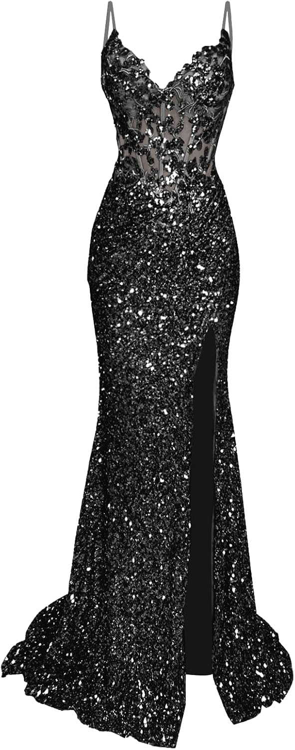 Sparkly Prom Dresses Long Sequin Mermaid Spaghtti Straps Lace Applique Corset Ball Gown