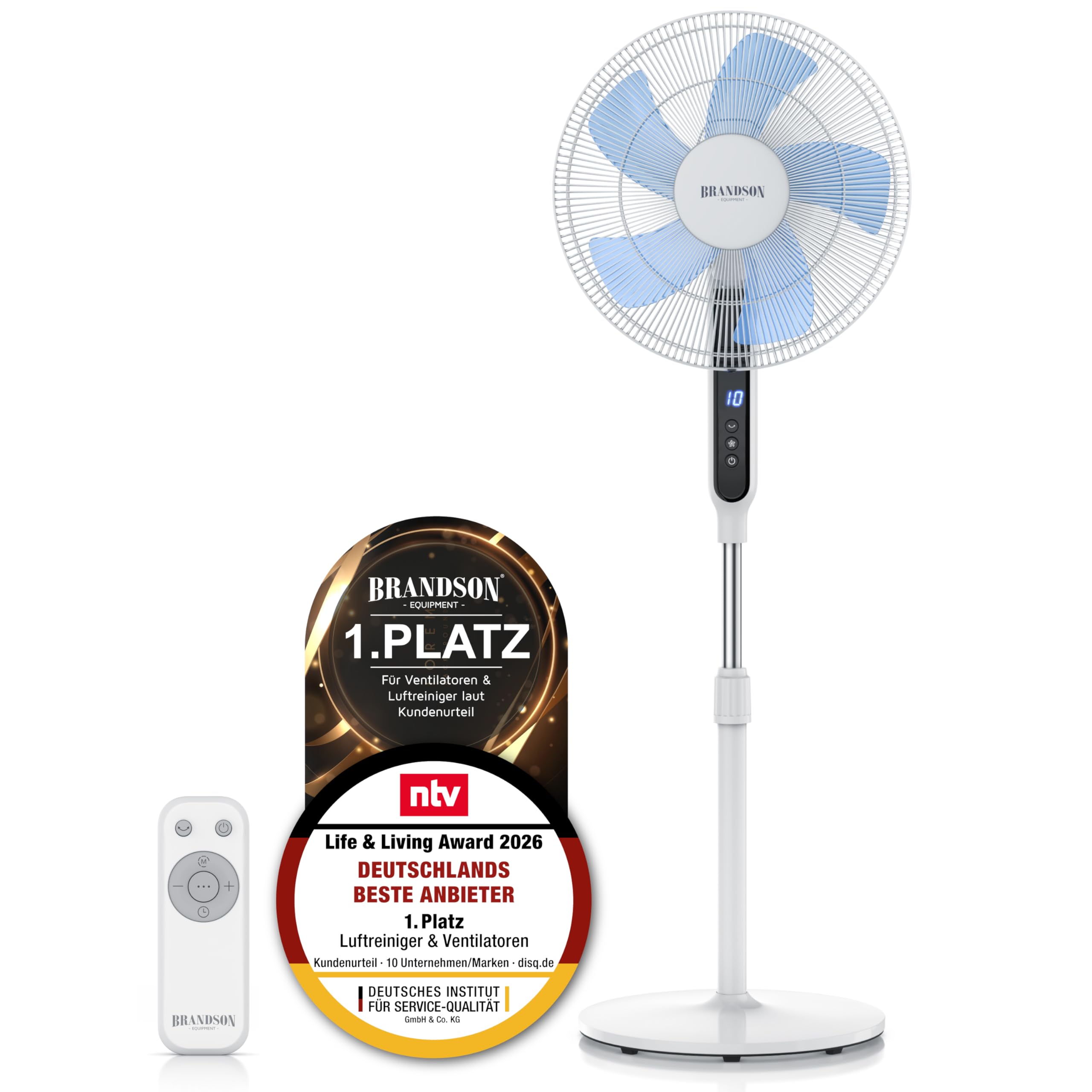 Brandson - DC Standventilator energiesparend ECO - Fernbedienung - Brushless Silent Motor, sehr leise – Preisträger 2026 - Oszillation - Ventilator Timer – 12 Stufen - LED Display