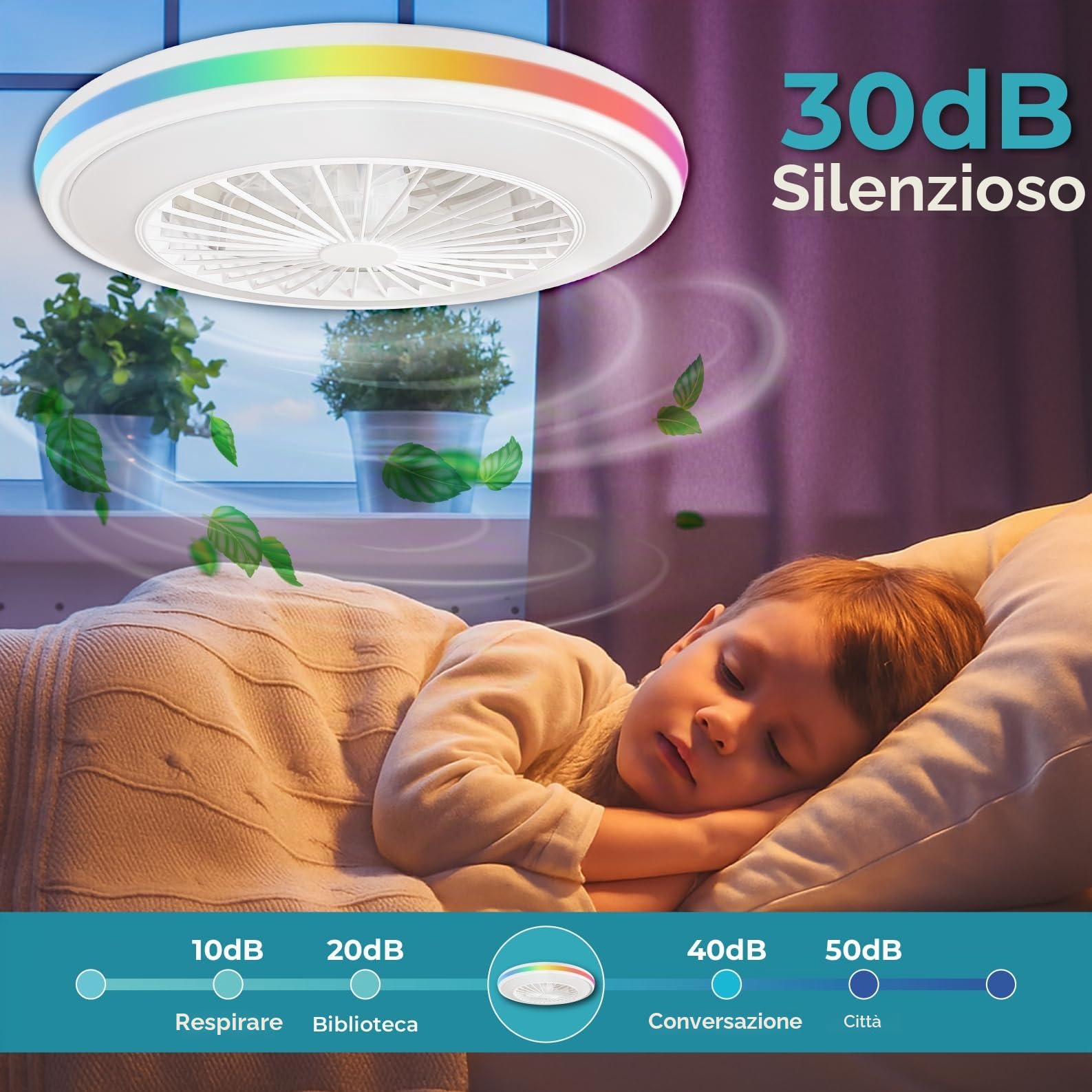 LED ATOMANT Ventilatore Soffitto Luce LED Diam 50cm 63W CCT e RGB Dimmer | 5000 lumen, Telecomando, Modalità estate/inverno, 6 velocità