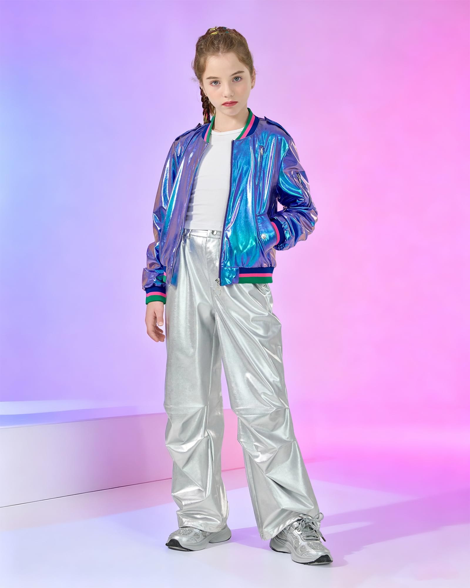 LOLANTA Chaqueta Bomber Metálica Brillante para Niña, Cazadora Ligera de Primavera y Otoño con Cremallera y Bolsillos, Estilo Corto, Cortaviento e Impermeable, 4-12 Años