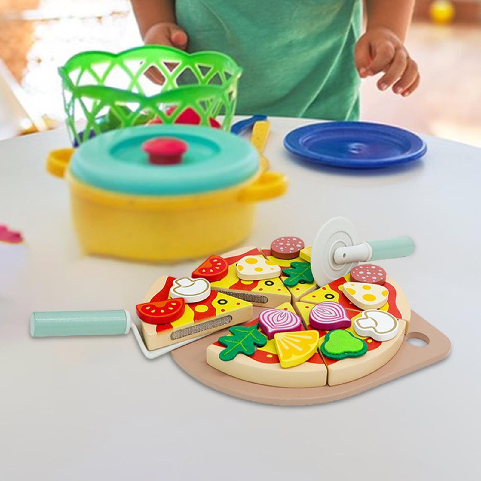 Juguete de Pizza, Juguete Educativo para Cortar Comida, Juguete de Cocina, Bandeja de Accesorios de Madera, Pintura Al Agua para Niños, Adecuado para