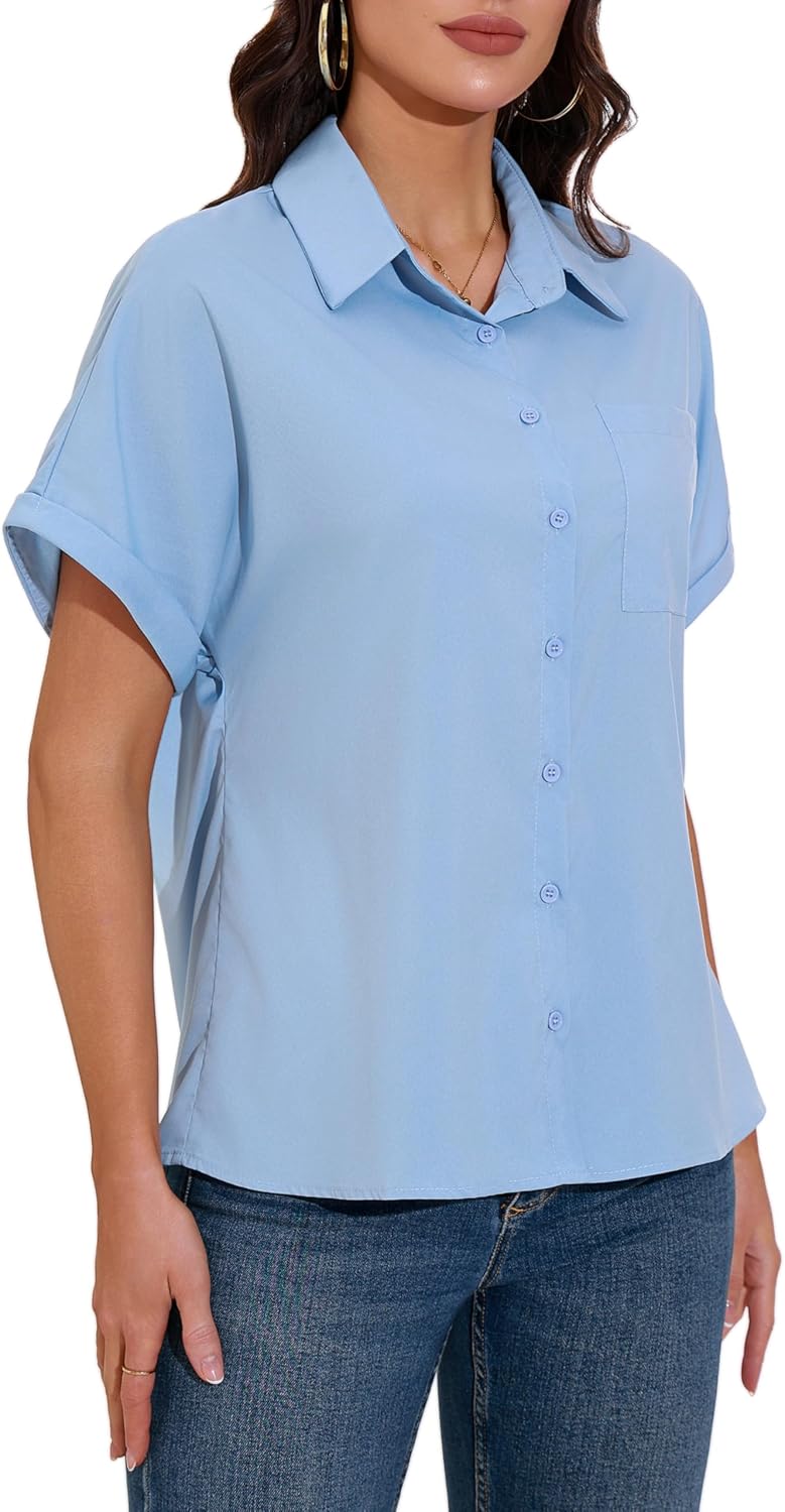 GUANYY Womens Short Sleeve Button Down Shirt Casual Collared Dress Shirt Lightweight Work Top Blouse - Image 4