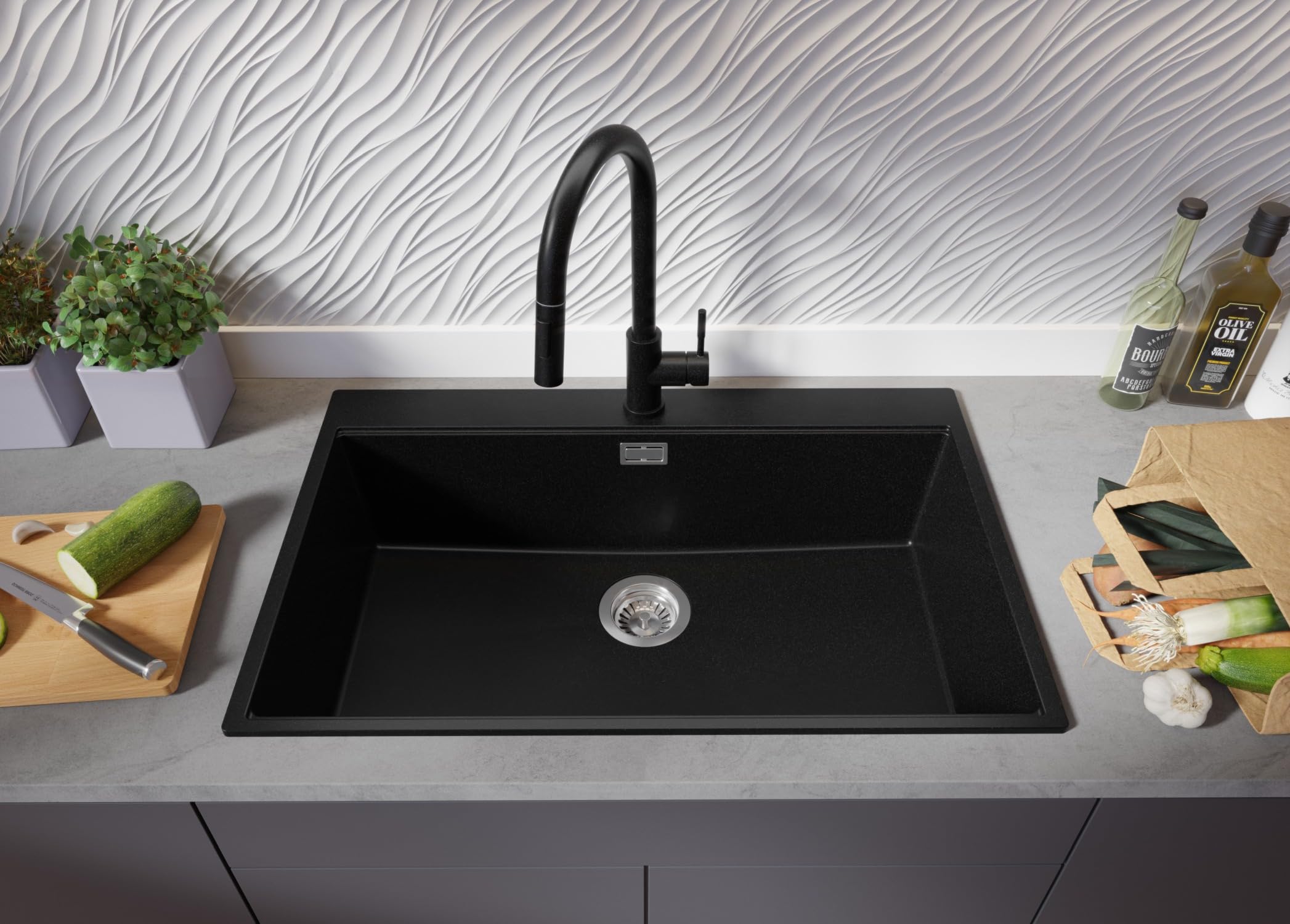 PRIMAGRAN Lavello da Cucina Nero 78x50cm, Lavandino in Granito a 1 vasca + Set di accessori, Lavabo da Cucina Incasso al Mobile 80cm - Oslo Top S557