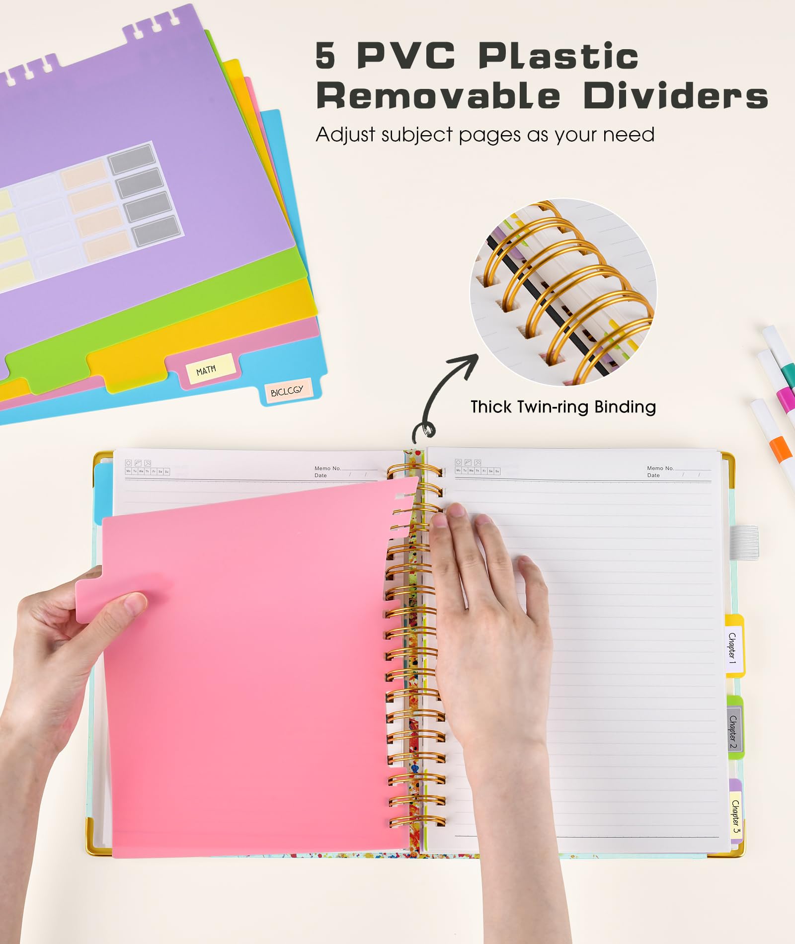 Carnet à spirale à couverture rigide avec onglets amovibles - 300 pages - 5 sujets - 100 g/m² - Pour le travail et l'école - Journal ligné pour femme - Arbre de vie coloré