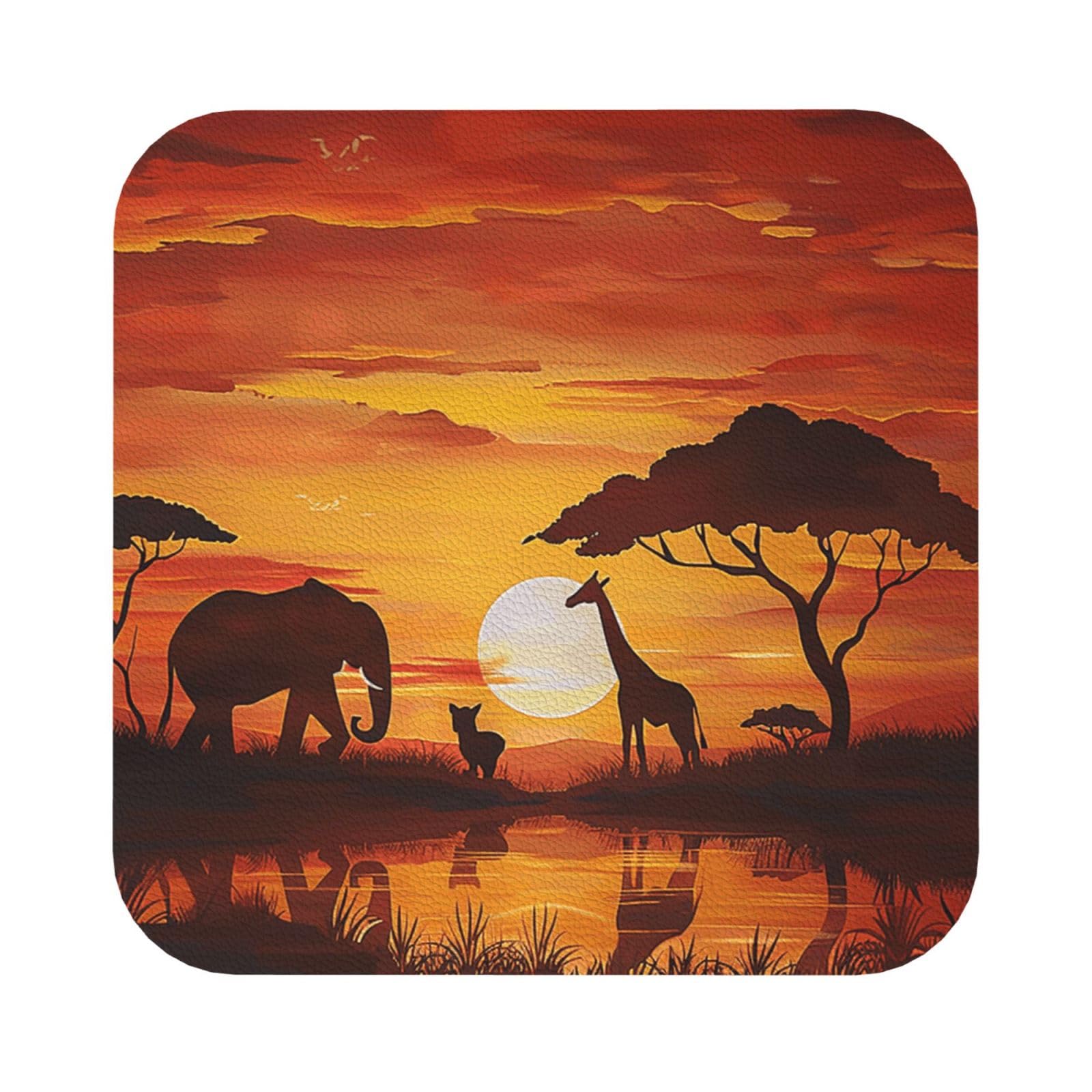 Elephant and Giraffe in The Sunset Print Leather Coaster Set of 6, Square Coasters Table Decorative Coffee Cup Beverage Coasters Wine Beer Bar Coasters for Hot Drinks Table Protection