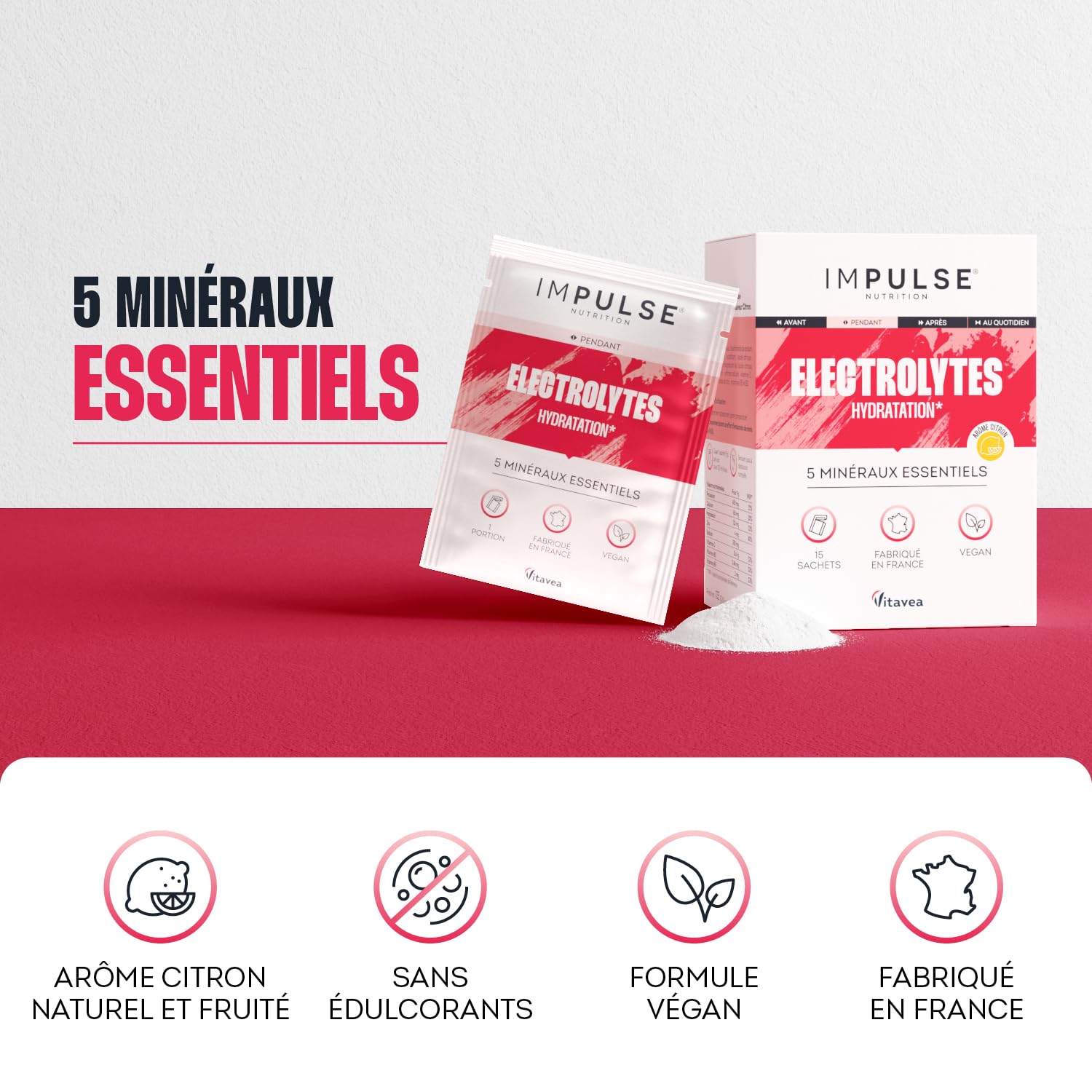 Impulse Nutrition - Électrolytes Poudre Citron - Sodium, Potassium, Magnésium, Calcium, Zinc - Hydratation, Énergie et Endurance - Anti-Crampes - Sans Édulcorants - Sport - 15 sachets
