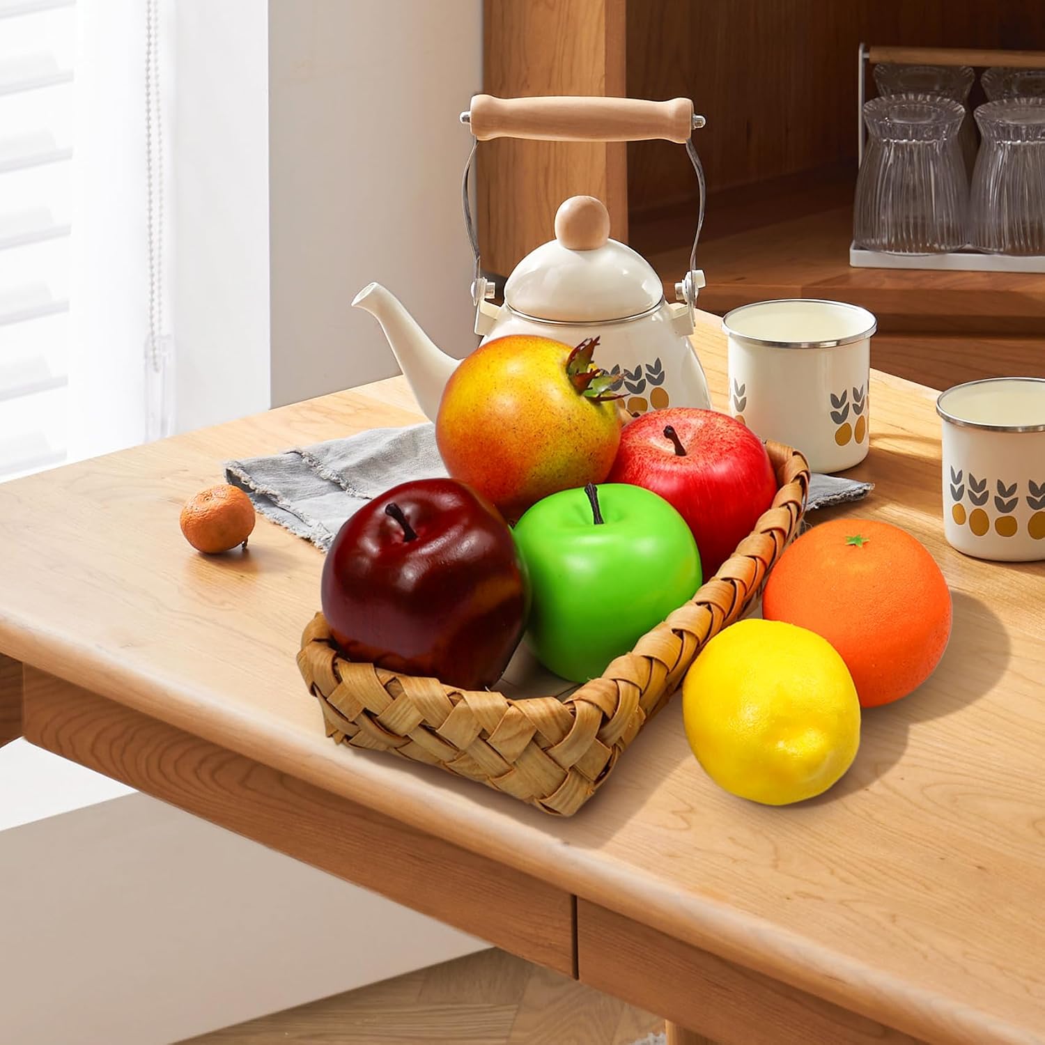 Lorigun Fake Fruits Decoration, Artificial Fruits Kitchen Bowl Decor Realistic Faux Fruits for Party Chirstmas Decortion, Artificial Apples Fake Lemon Orange 6 Pieces/Set