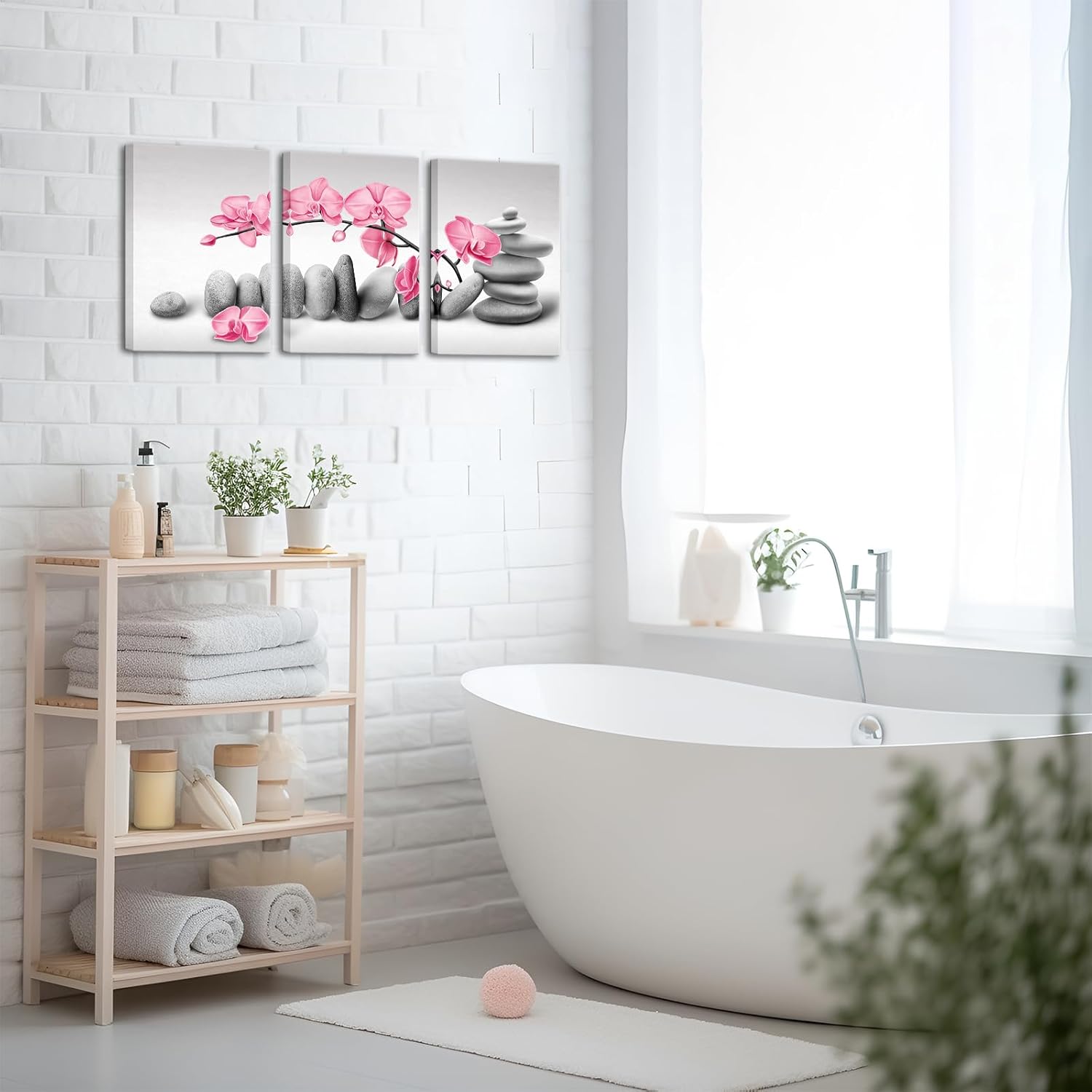 SkenoArt 3 Piece Orchid Flower Painting Wall Art Zen Stones Pink Floral Pictures Prints Peaceful Meditation Artwork Home Bedroom Bathroom Yoga Room Spa Decoration Ready to Hang