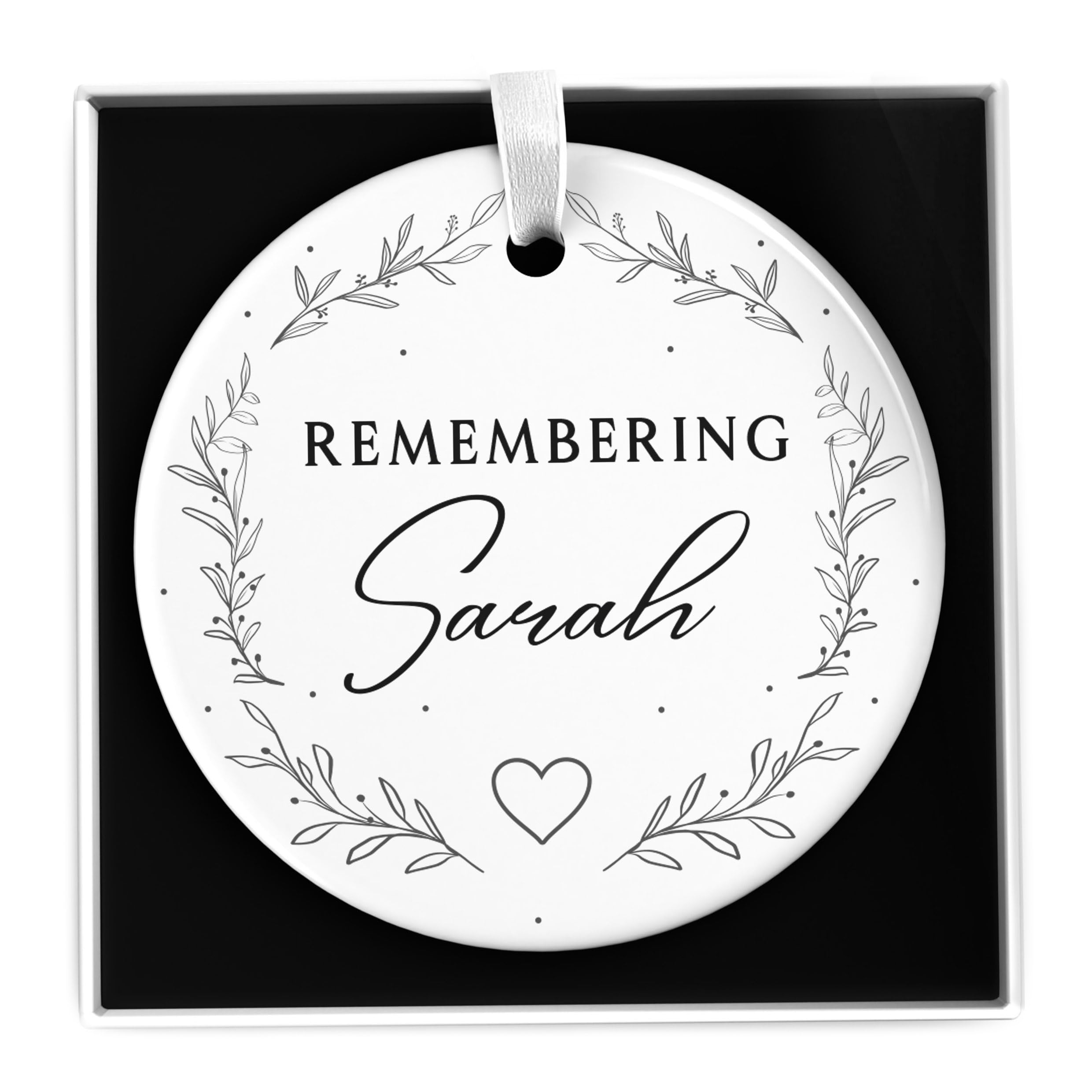 Luxury Remembering Someone Decoration, Personalised Memorial Christmas Tree Decoration, In Loving Memory Gift, Printed Ceramic Heart Circle Bauble, With Gift Box