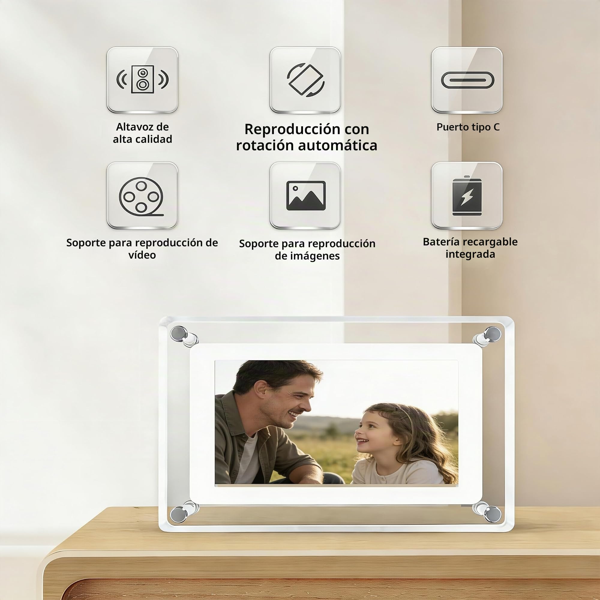 Marco de fotos digital acrílico de 5 pulgadas, memoria 4G, marco de fotos electrónico, rotación automática de 360°, USB-C, marco digital y marco de imagen digital.