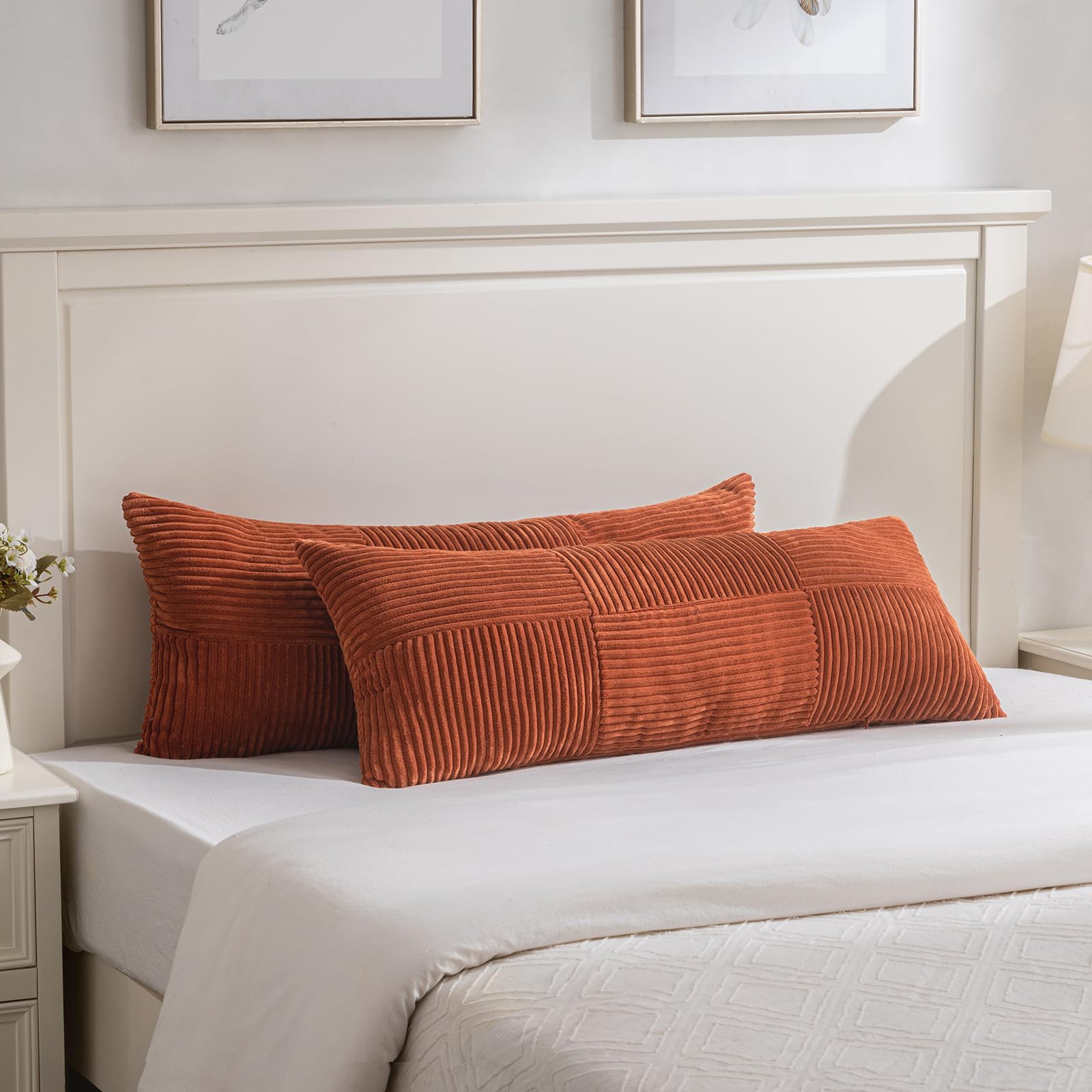 Fancy Homi Set of 2 Burnt Orange Boho Long Lumbar Body Decorative Throw Pillow Cover 14x36 Inch for Bed Couch Bedroom Bench, Soft Patchwork Corduroy Textured Pillow Case, Rustic Farmhouse Room Dรฉcor โ image 1
