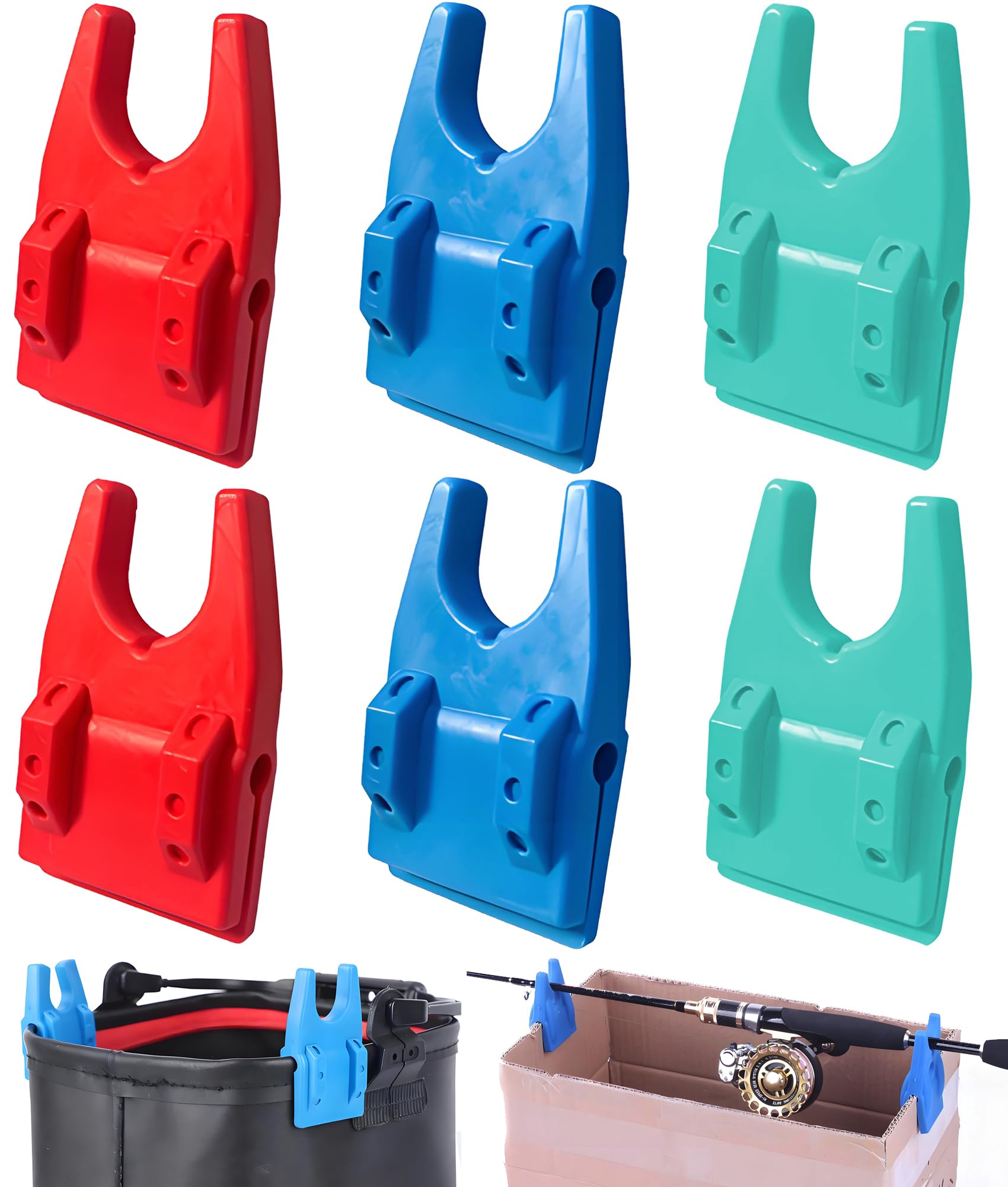 ロッドクリップ 釣り竿受け ロッドホルダー 6点セット 釣り用バケツスタンド部品 U字型デザイン ケーブル出口を用意 ブラケットの上に設置可能 内側の丸穴設計 小さな溝設計 軟質ゴム製クランプ 圧迫されても変形しにくい 魚箱/ウォーターバケツ/魚用バケツ 便利補助具（3色各2個）