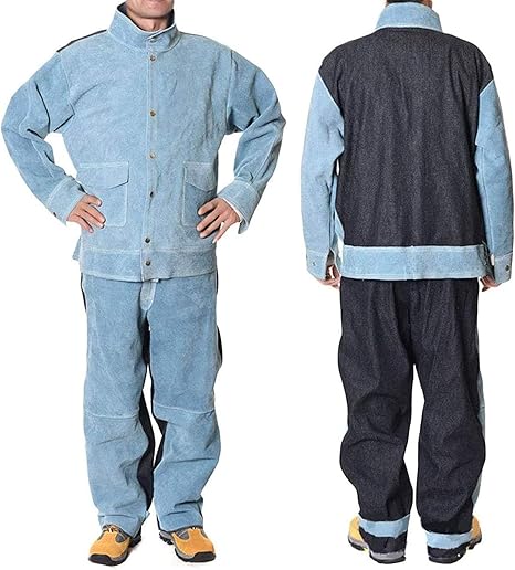 Amazon Co Jp 溶接服 牛革デニムステッチ溶接ジャケットパンツスーツ 熱難燃性溶接安全作業服 高温場所の溶接 溶融用 ブルー Xxxl Diy 工具 ガーデン