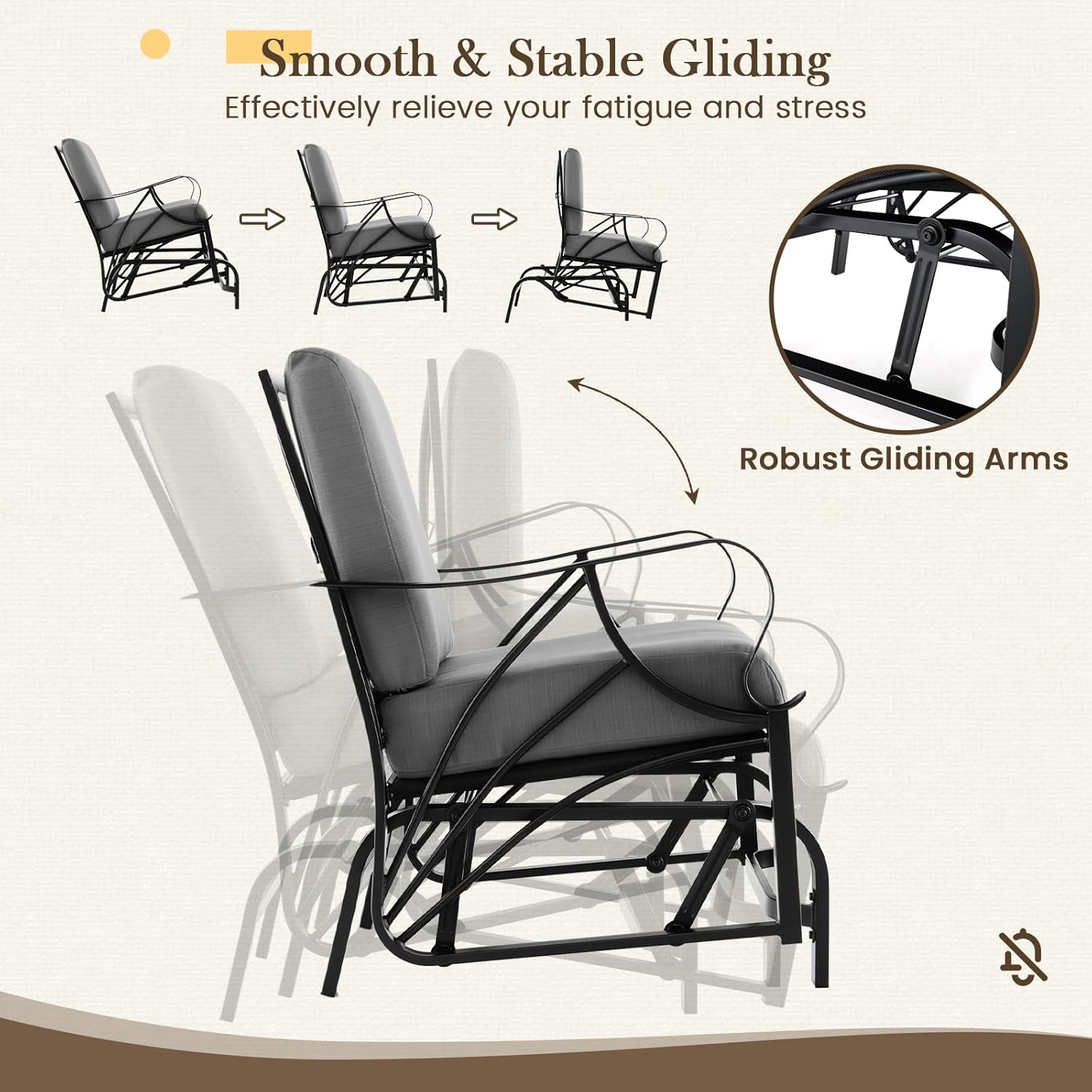 DORTALA Patio Glider, Outdoor Rocking Chair with Cushions, Metal Frame, Armrest for Yard, Lawn, Porch (Grey,1)
