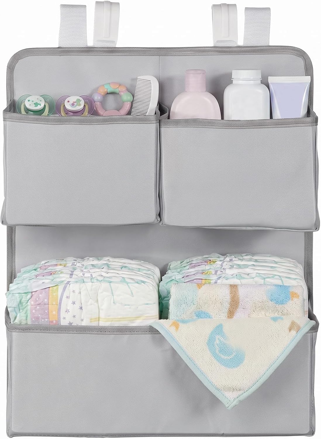 Hanging Diaper Organizer for Playpen Crib Bassinet, Non-Sagging Changing Table Diaper Caddy Holder Attachment Accessories with 3 Pockets, Hold 80+ Diapers Nursery Storage, Baby Shower