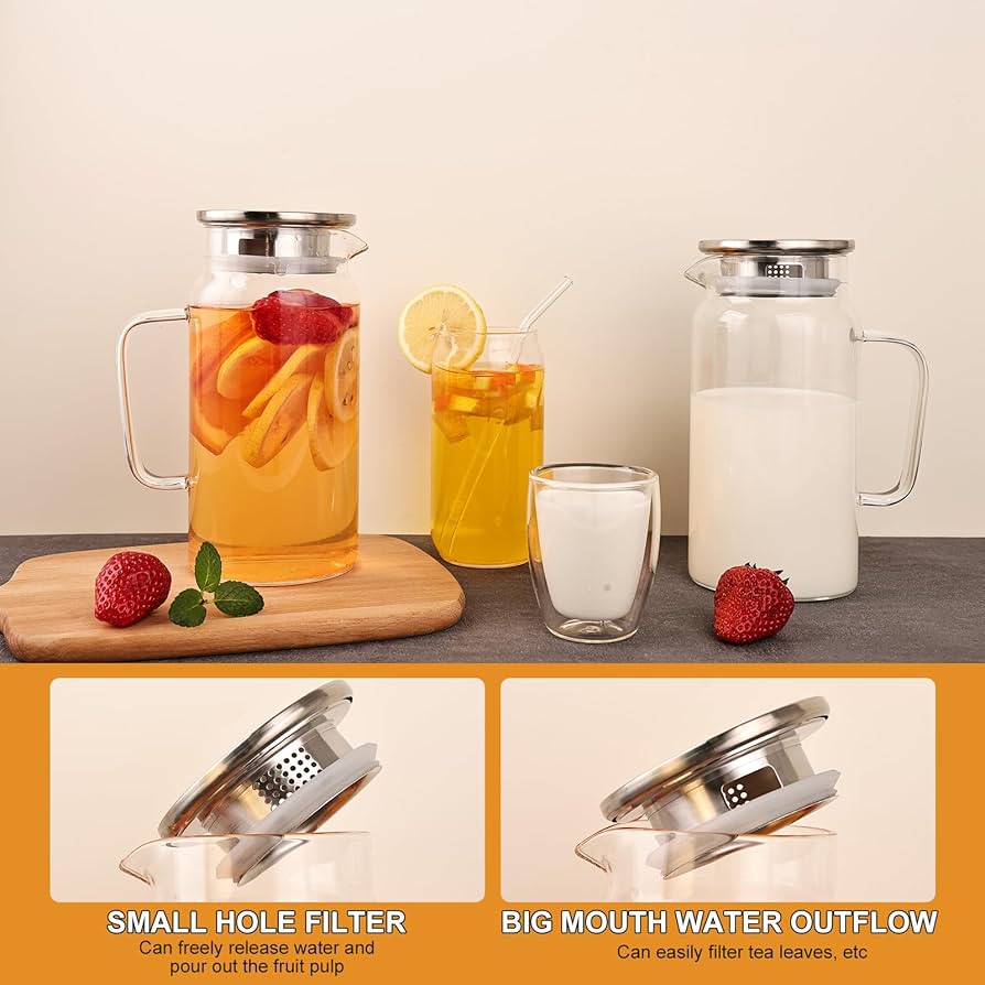 Amazon.com: Set of 2 Glass Pitcher with Lid, 1200ml Leak