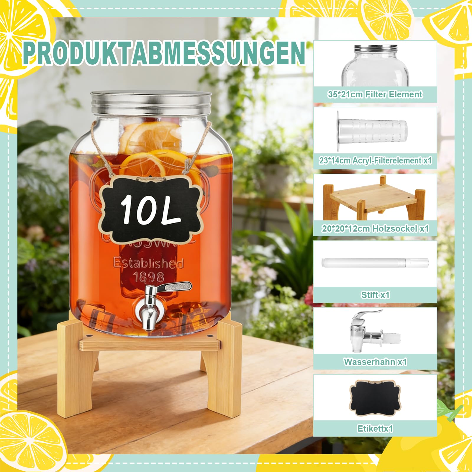 Dispensador de bebidas de 10 L con soporte y tapa, dispensador de limonada con grifo de vidrio de borasilicato resistente al calor con grifo inoxidable para jardín, buffet, fiesta y cocina, bodas