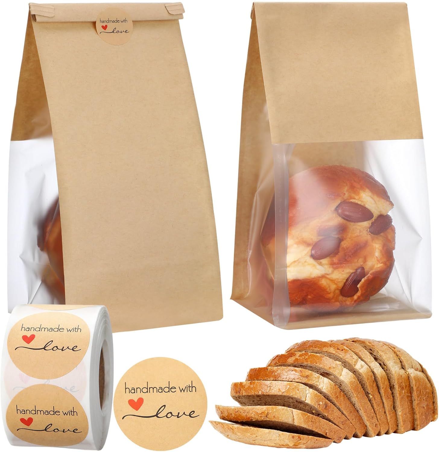 250 Pcs Bakery Bags with Window, Kraft Paper Cookie Bags with Tin Tie for Sourdough, Pastry, Homemade Baked Goods, Storage Packaging (9.5 x 3.9 x 3.5 Inch)