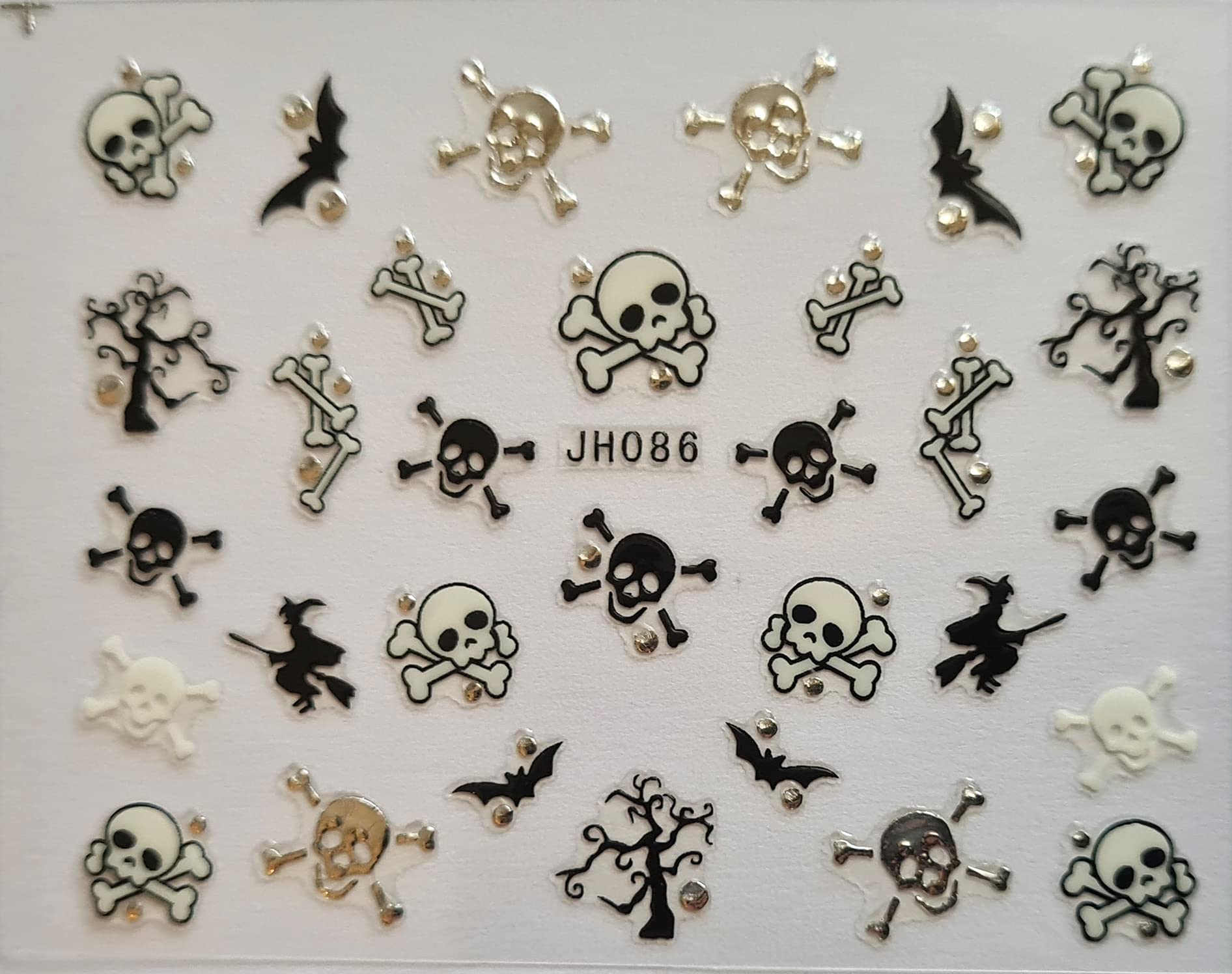 Nail Art Halloween 3D Silver Gems Stickers (JH086 Skulls Bats Bones Witches)