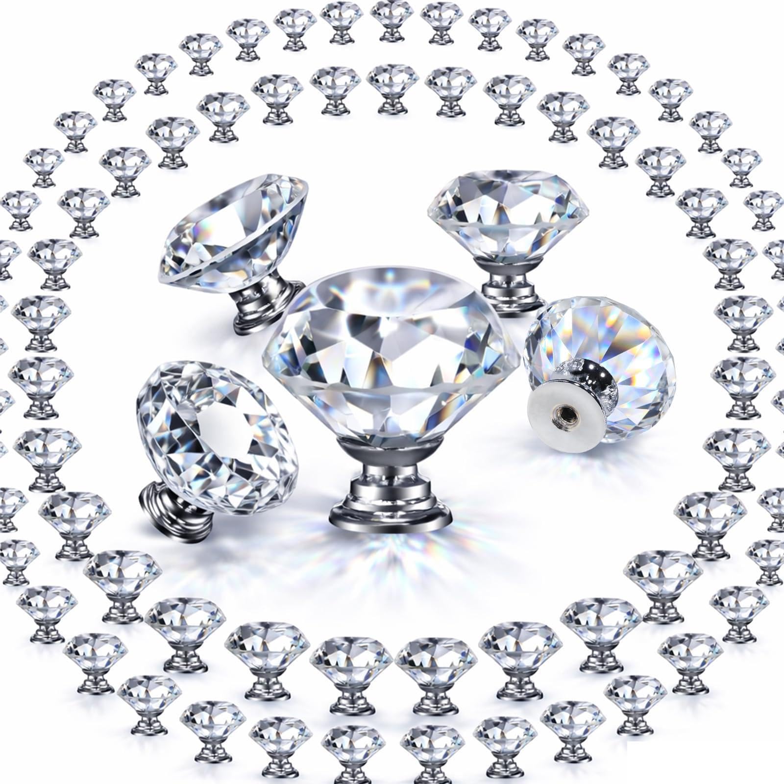 DEELF 100 Packs Crystal Cabinet Knobs, Diamond Dresser Handle Drawer Pulls, Crystal Knobs for Cabinets and Drawers - 30 mm Clear Glass Cabinet Knob, Silver Base โ image 1