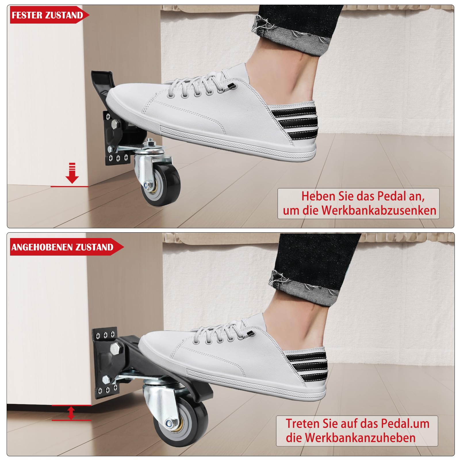 Schwerlastrollen Absenkbare für Werkbank, 4er-Set Absenkbare Transportrollen mit Bremse Industrierollen | 65 mm | 200KG Tragfähigkeit | Doppelkugellager Möbelrollen Lenkrollen für Maschinen und Tische
