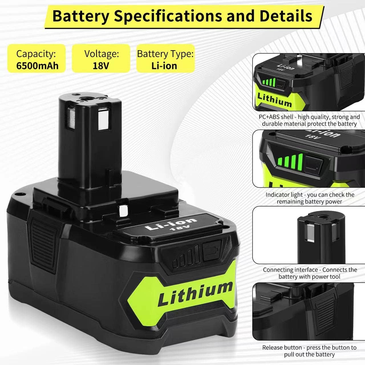 6.5Ah P108 18 Volt Replacement Battery for Ryobi 18V Battery 2 Pack Cordless Tool Battery Packs Compatible with P102 P103 P104 P105 P107 P108 P109 P190 P122