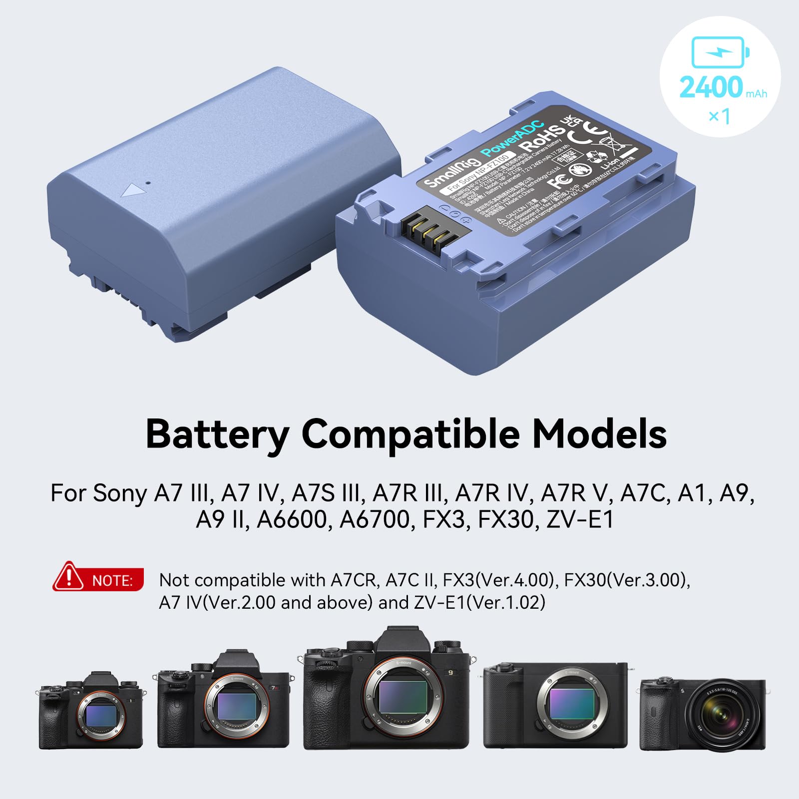 SMALLRIG Batería Compatible con NP-FZ100 2400mAh para Sony A7R V,A7 IV,A7S III, Batería Recargable con Carga Rápida USB-C 2.5H para Sony A7R IV, A7R III,A7 III,A7C, A7C II,A6600,A6700,FX3,ZV-E1-4265B