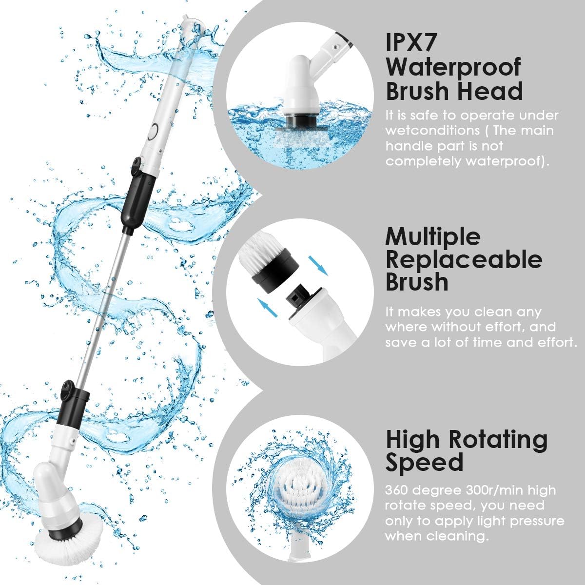 Spin Scrubber, Electric Spin Scrubbe Multi-Purpose 360 Cordless Tub and Tile Scrubber, with 3 Replaceable Cleaning Scrubber Brush Heads 1 Extension Arm and Adapter for Cleaning Shower, Floor, kitchen