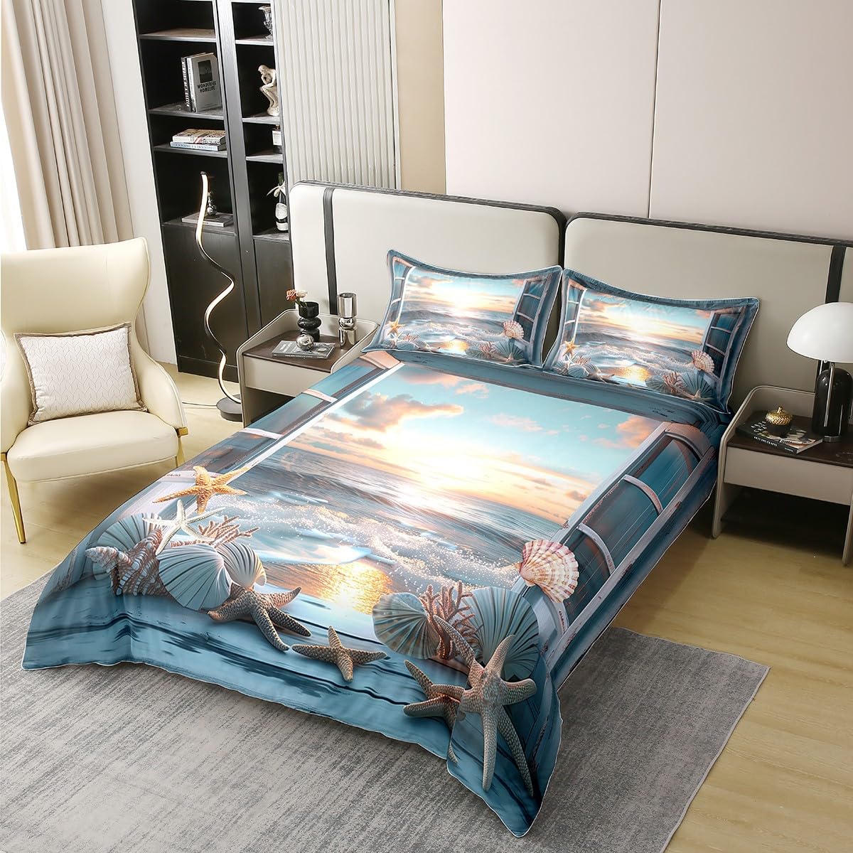 Coton Housse de Couette Océan Parure de Lit 240 x 260 Nuages Coucher de Soleil Vague Couvre Lit pour Amants Garçons Fenêtre en Bois Étoile de Mer Coquille Vie Marine Literie 2 Taies d'oreiller