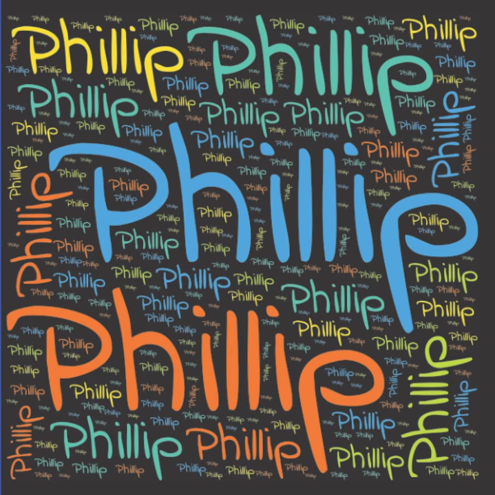 Phillip: 222 pages, size 8.5" x 8.5", white paper with light grey lines, Journal, Sketchbook, Notebook, Diary, black cover filled with wordcloud made ... colors and directions and a red spline.