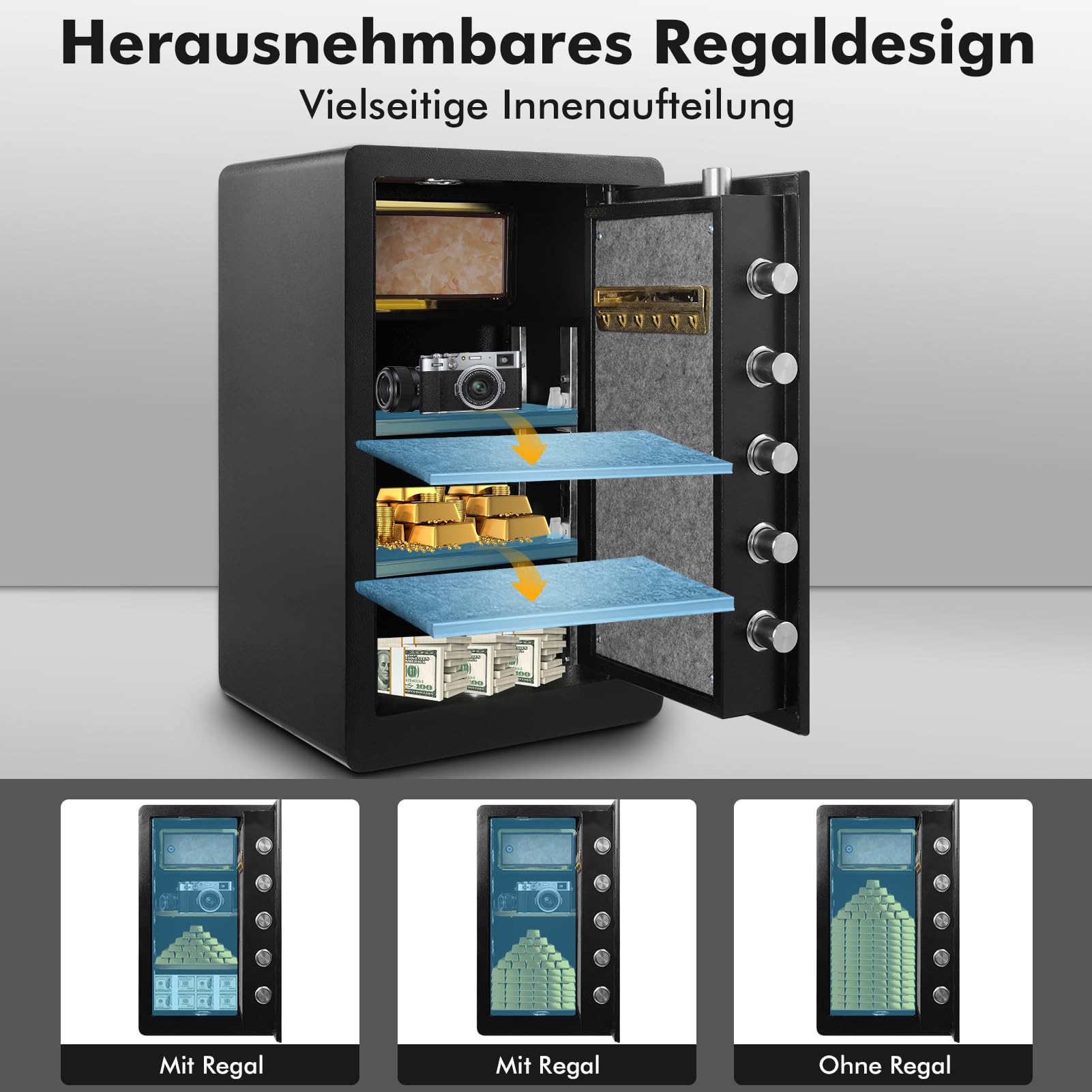 73L Großer Feuerfester Tresor,Elektronischem Tresor mit Passwort & Schlüssel,Digitaler Möbeltresor mit Herausnehmbares Regal,Alarmanlage,Heimtresor für Bargeld, Schmuck, Dokumente, Wertsache