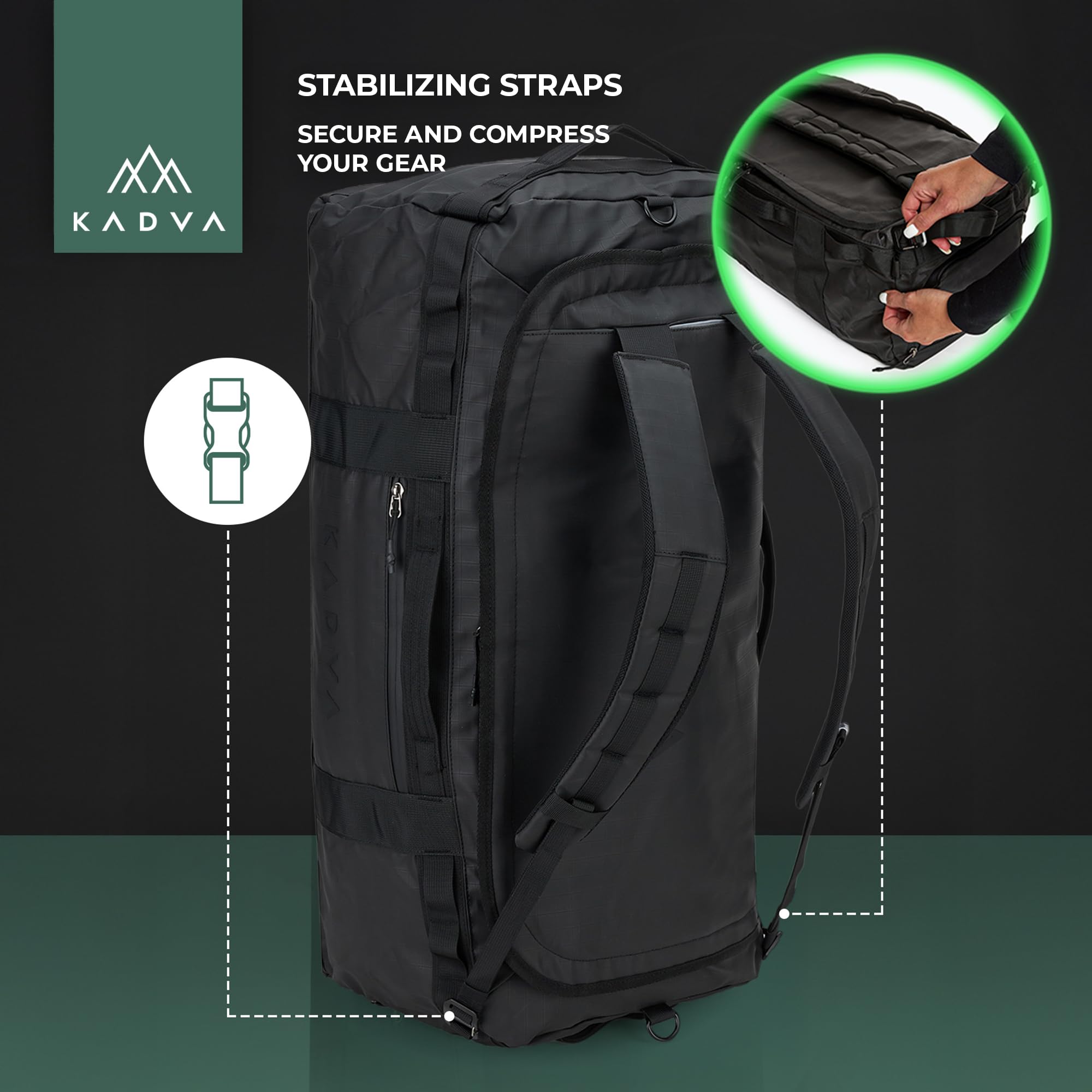 KADVA Alltaker Duffel Bag Sac de Sport et Sac à Dos 2 en 1 (40 l, 60 l, 90 l) – Sac de Voyage étanche avec Compartiment à Chaussures – Bretelles cachées – Grand Sac d'entraînement pour Homme et Femme