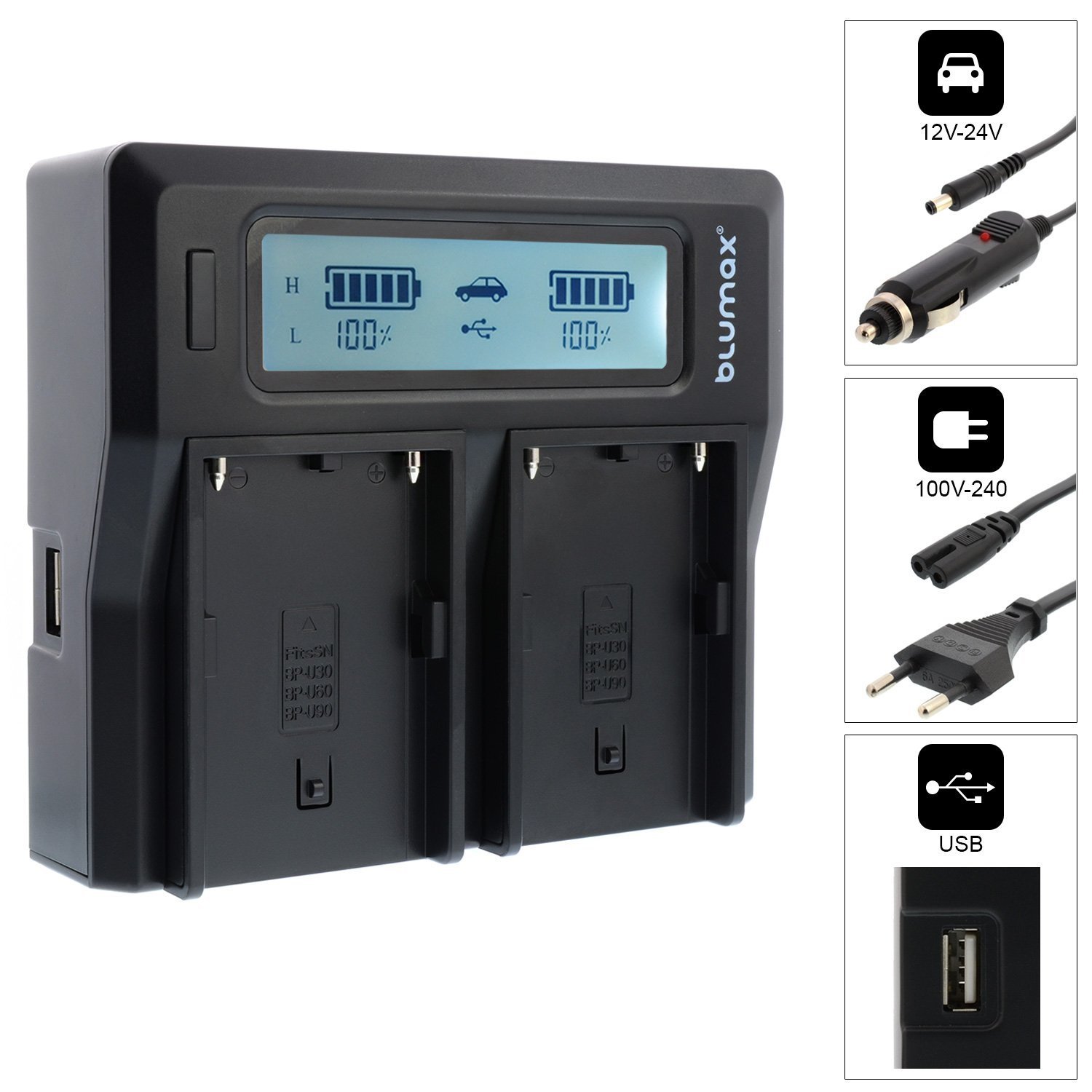 Doppelladegerät BP-U60 Dual Charger | passend zu Sony PMW Reihe EX1, EX1r, EX3, F3, F3K, F3L, 100, 150, 160, 200 UVM || 2 Akkus gleichzeitig Laden