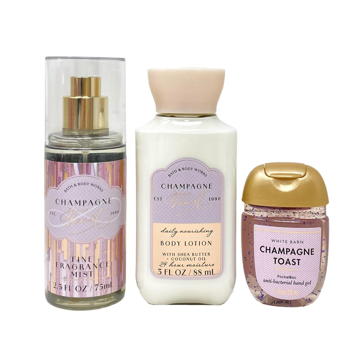 Bath & Body Works Champagne Toast Toasting To You Mini Gift Bag Trio Bundle - Fragrance Mist, Body Lotion and Hand Gel - with a Himalayan Salts Springs Sample Soap - Travel Size