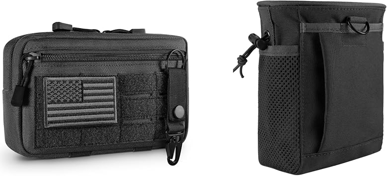 FRTKK Tactical Molle Admin Pouch with USA Flag Patch and Keychain & Tactical Molle Dump Pouch Drawstring Magazine Dump Bag