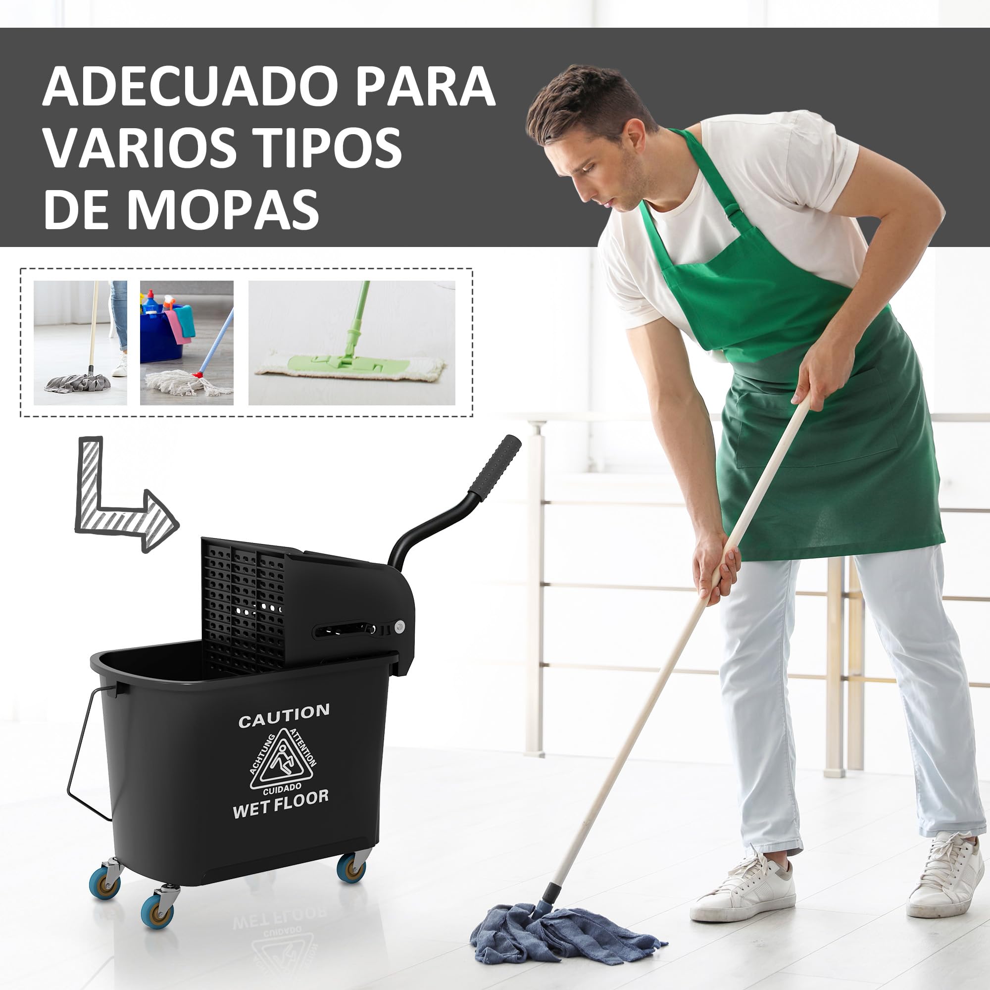 HOMCOM Cubo de Fregona con Ruedas Capacidad de 20 L Cubo de Fregar con Sistema de Escurridor Ruedas y Asa de Transporte para Doméstico y Comercial Negro
