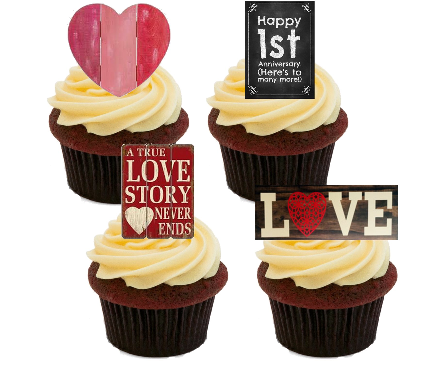 Made4You 1st Wedding Anniversary Shabby Edible Cupcake Toppers - Stand-up Wafer Cake Decorations (Pack of 12)