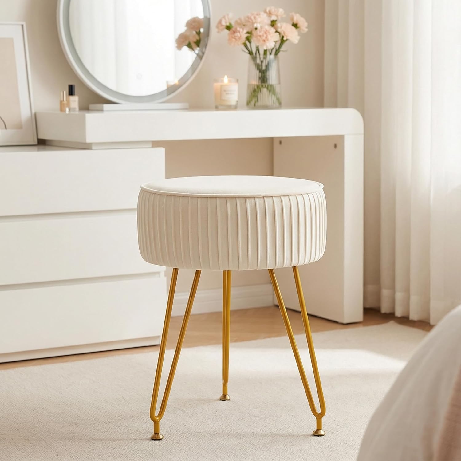 Velvet Vanity Stool, Modern Ottoman Foot Rest Stool with Adjustable Golden Legs, Makeup Chair for Vanity, Multifunctional Small Vanity Chair for Bedroom, Beige - Image 2