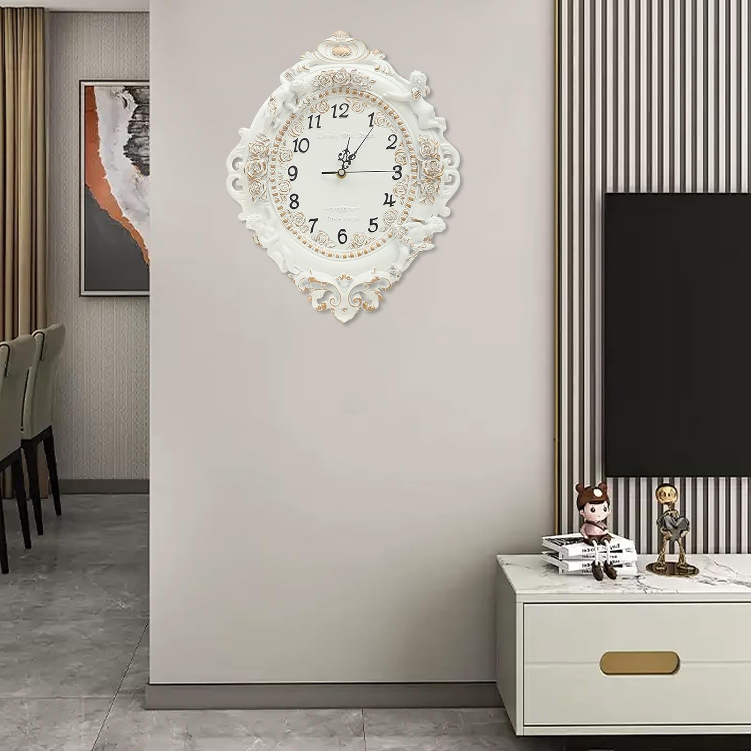 European Style Resin Wall Clock, Retro Silent Clock with Angel and Rose Relief, Decorative Mural Clock for Living Room, Bedroom, Office, Farmhouse, Kitchen & Home Decor (Off-white, 12.8*2.8*16.3in)