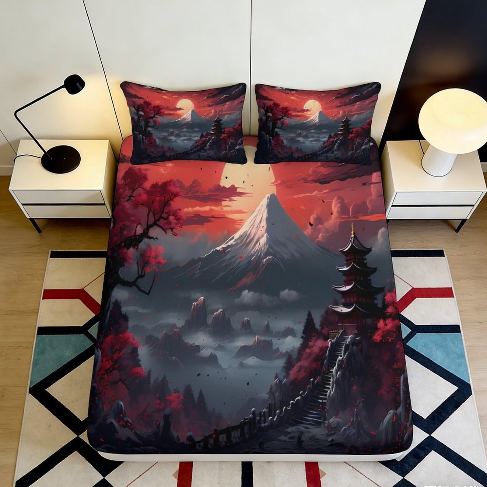 Pnayamiorkfel Style-9 3D Printed Japanese Mountain Fitted Sheet Microfiber Soft Pagoda Bed Cover For Bedroom Guest Room Decor Anti-Slip Washable 90X200x25cm