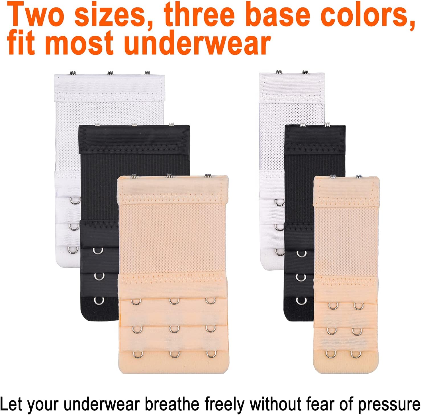 6 Pieces Women's Bra Extenders 2 Hook / 3 Hook Comfortable Stretchy Bra Extension Strap (Black, White, Nude)