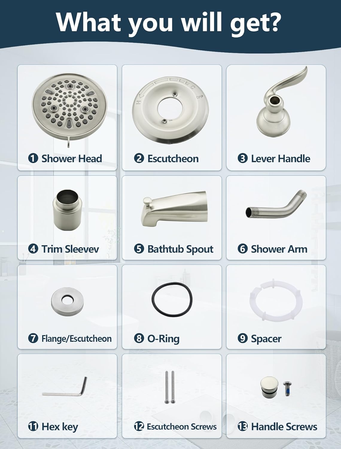 Replacement 9-Setting Shower Faucet Tub Trim Kit for Delta 13/14 Series, with 5.5" Multi-Function High-Pressure Shower Head, Brushed Nickel (Valve Not Included)