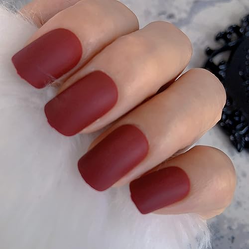 IKISKT Uñas postizas a presión de color rojo oscuro, reutilizables, de color sólido, cortas, acrílicas, artificiales, cobertura completa, cuadradas,