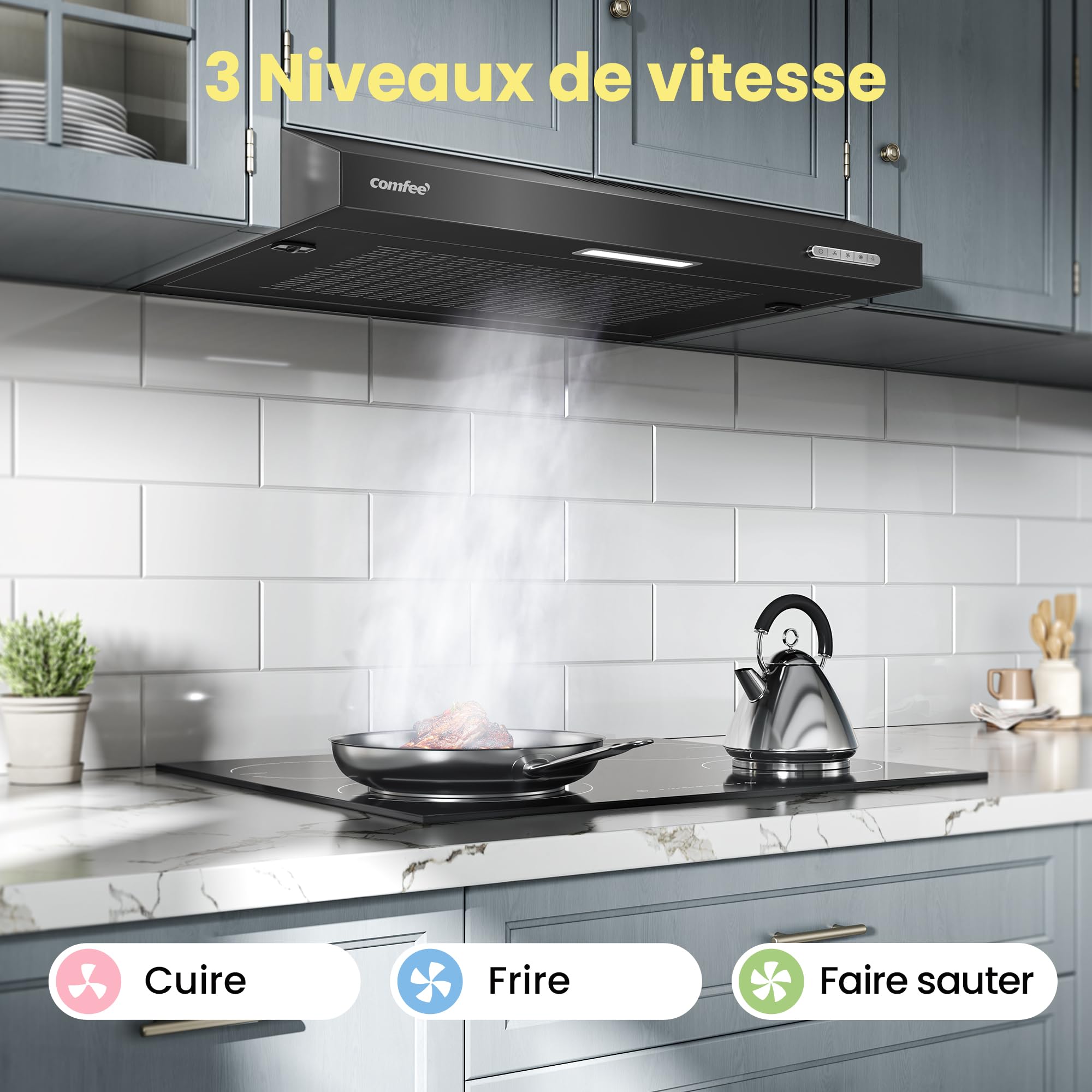 COMFEE'SLIF17B-60 LED,Hotte aspirante 60 cm, sous comptoir, 2 modes d'aspiration - 3 niveaux de vitesse - Noir - 2