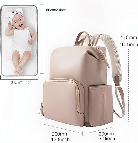 Miniatura 6 de Mochila de piel sintética para pañales con bolsillos impermeables, hebilla para cochecito y cambiador, regalos elegantes para baby shower,