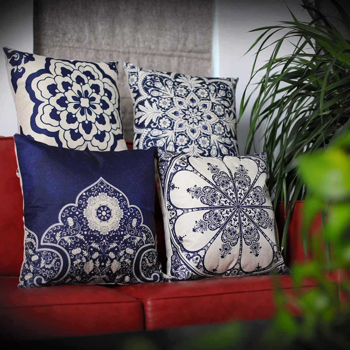 Set 4 Copricuscini in Lino Quadrati 45x45 Cm Motivo Floreale Stile Cinese, Federe per Cuscino Cerniera per Divano, Letto e Poltrona, Decorazione Casa e Ufficio