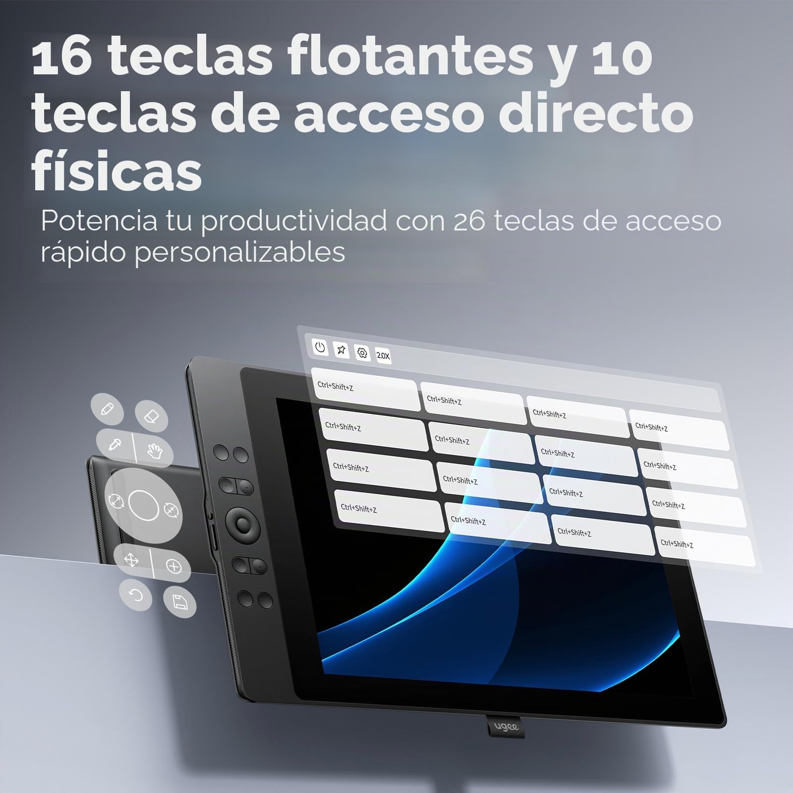 UGEE Tableta de dibujo de 15.4 pulgadas con pantalla, 143% sRGB UE16 tableta gráfica de computadora con pantalla laminada completa 8+1, teclas de acceso rápido de 16 K, lápiz capacitivo sin batería,