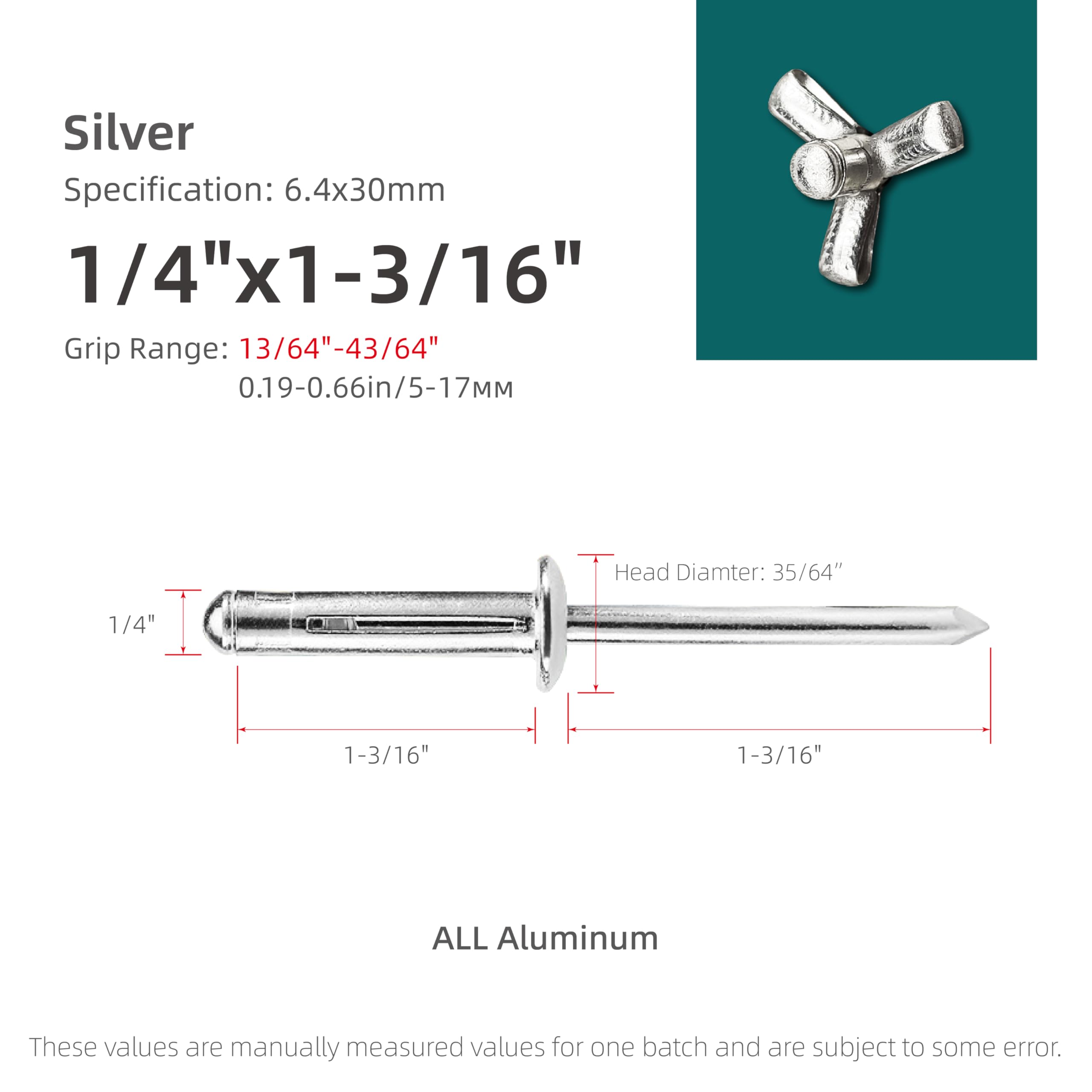 JIANDAXIN 50Pcs Tri-Fold Aluminum Blind Rivets,Tri Grip Exploding Assortment Bulb Style Pop Rivets for Automotive, Soft or Plastic Materials (Silver, 1/4